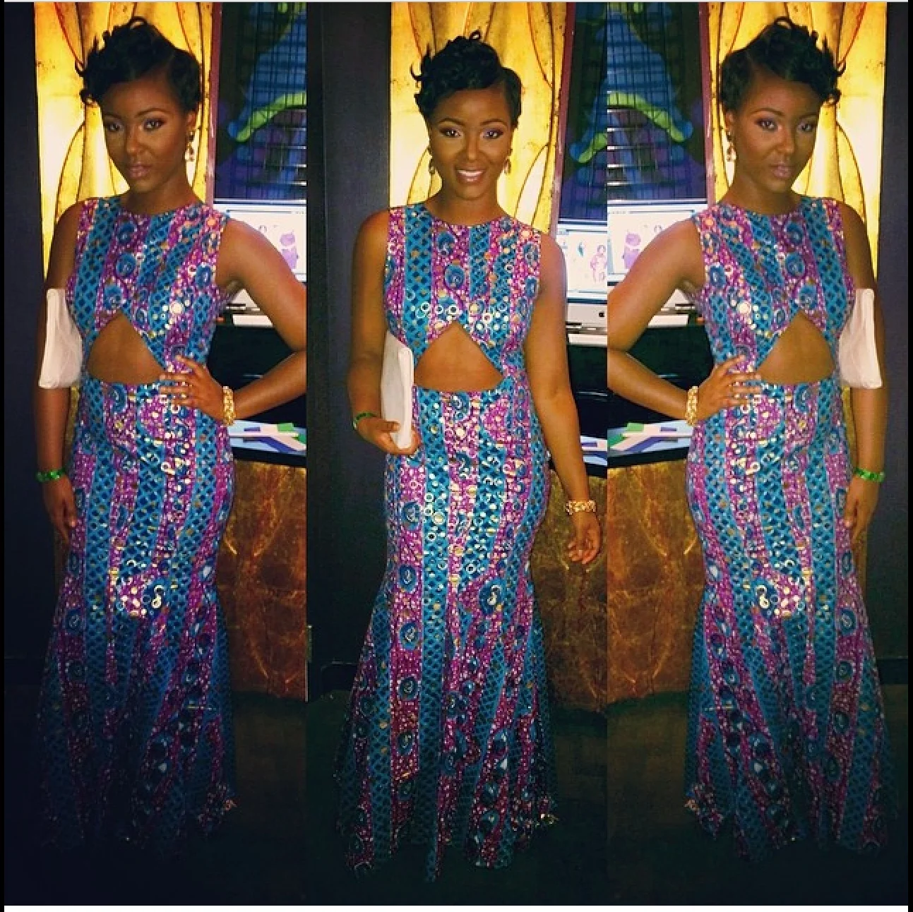 This young lady exemplified the elegance and excitement of the GWB Ball with her styling of this embellished wax print cotton gown. The fit of the gown is flattering and sleek and the cutout design and spiked pixie cut add a youthful flare. Her choice of gemstone accessories and a white clutch finish the look in a way that is sassy yet refined. This would be what Halle Berry would look like if she was 25 years younger and from West Africa! 