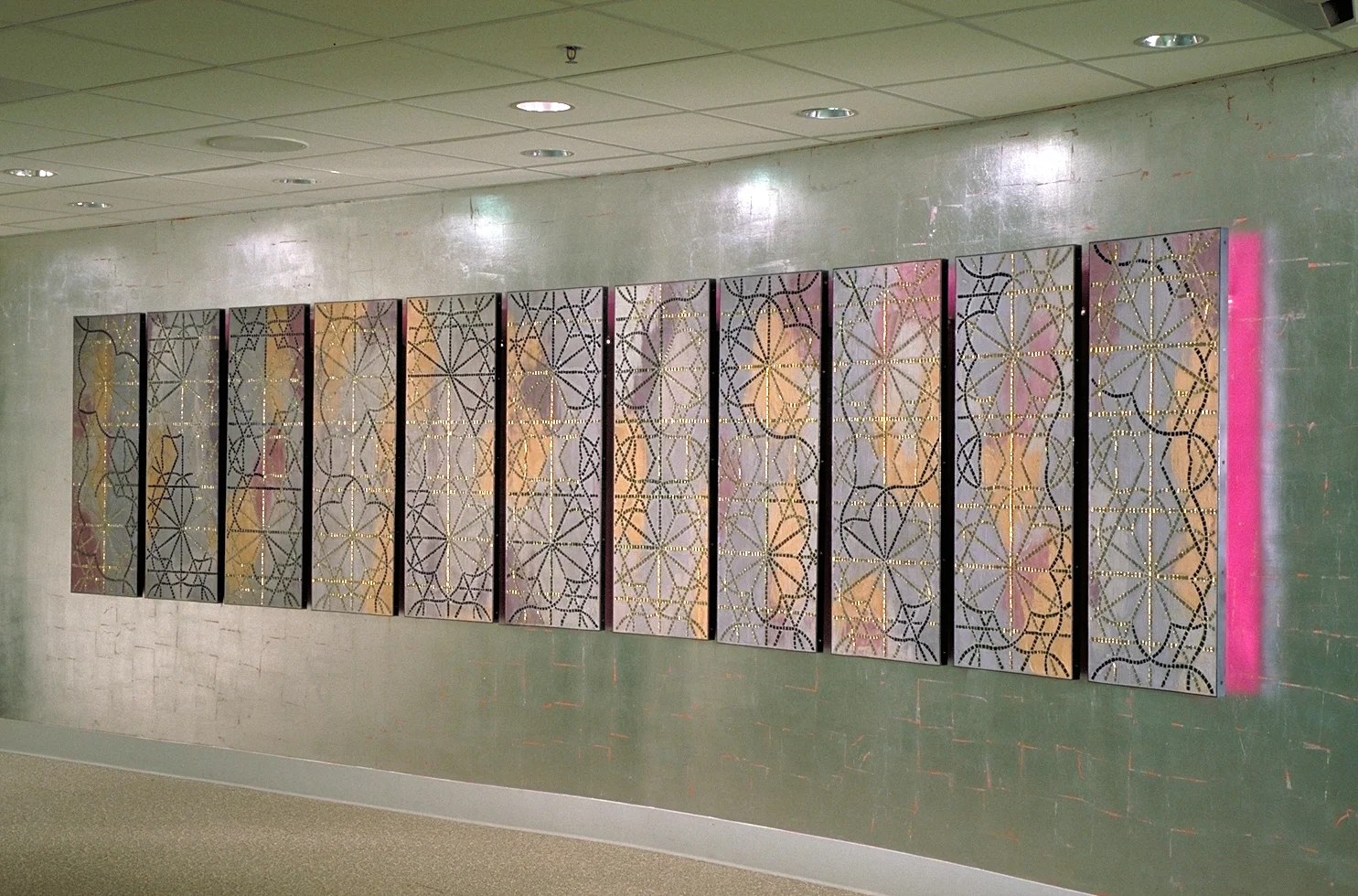 Evidence, 2000 | University of Washington Medical Center; Seattle, WA. Glass, concrete, steel, silver foiled wall. 4'h x 118'w x 2"d. Commissioned by the University of Washington Medical Center.