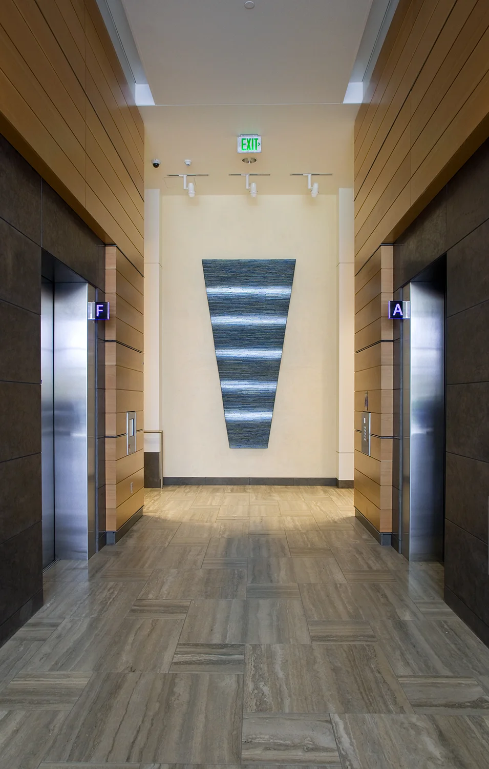 Waterfall, 2010 | First and Main (elevator lobby); Portland, OR. Glass, composite, concrete, steel. 10'h x 5'w x 7"d. Commissioned by Shorenstein Realty Services