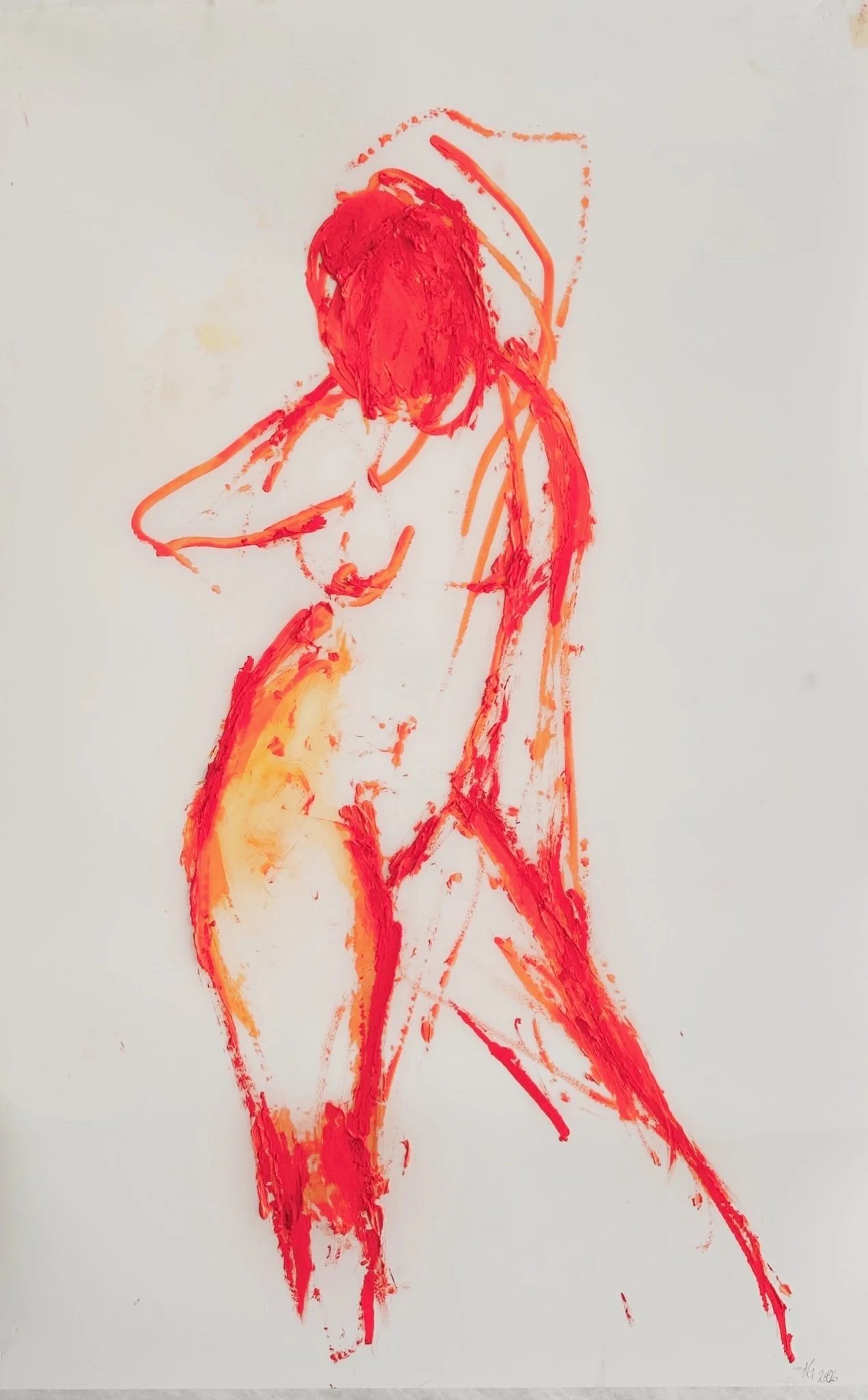 Angela Grossmann, Thanks - Vermillion, 2026, Oil on mylar, 39 x 27 in. (framed)