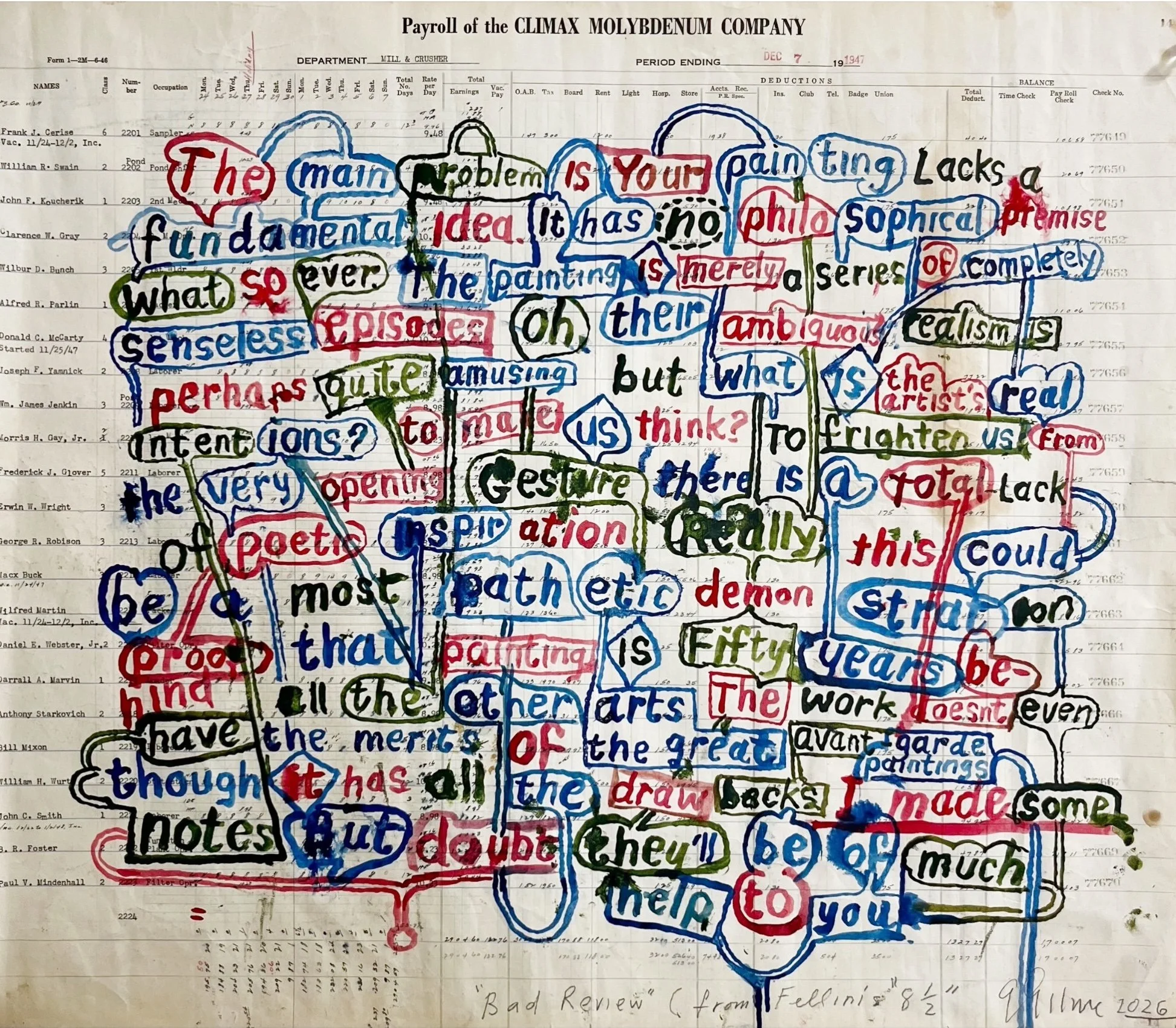 Graham Gillmore, Bad Review, 2026, Ink on ledger paper, 30¾ x 29 in. (framed)