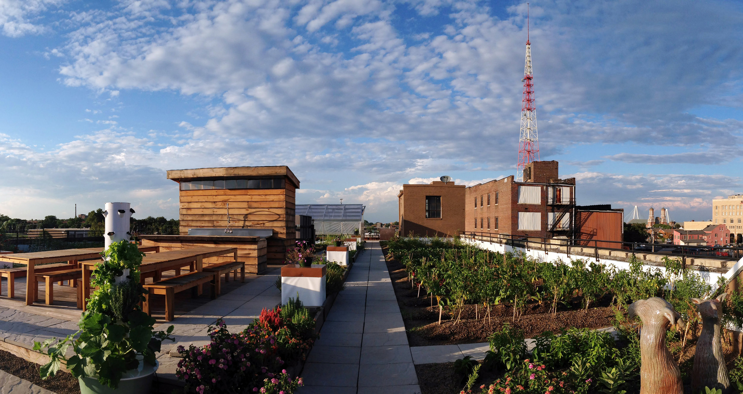 Copy of North perspective featuring white hydroponic tower, community hub space with wooden tables and counter space, and farms rows.