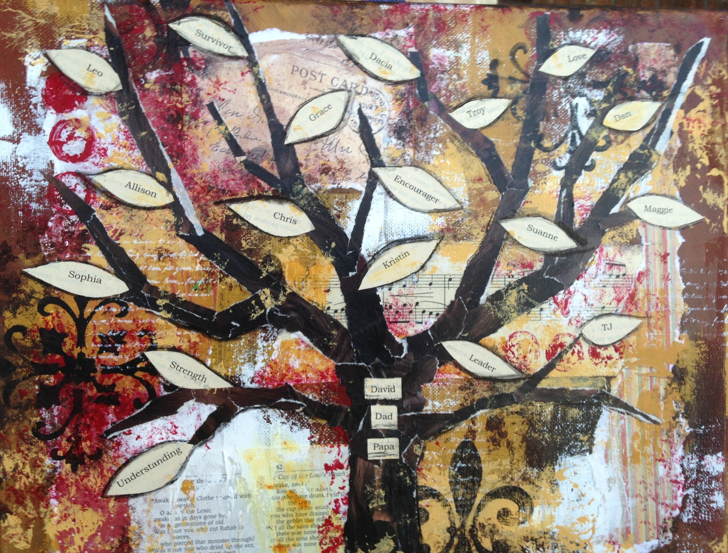 Adding the tree and leaves. The tree was created with recycled magazine pages. The leaves hold family member names.