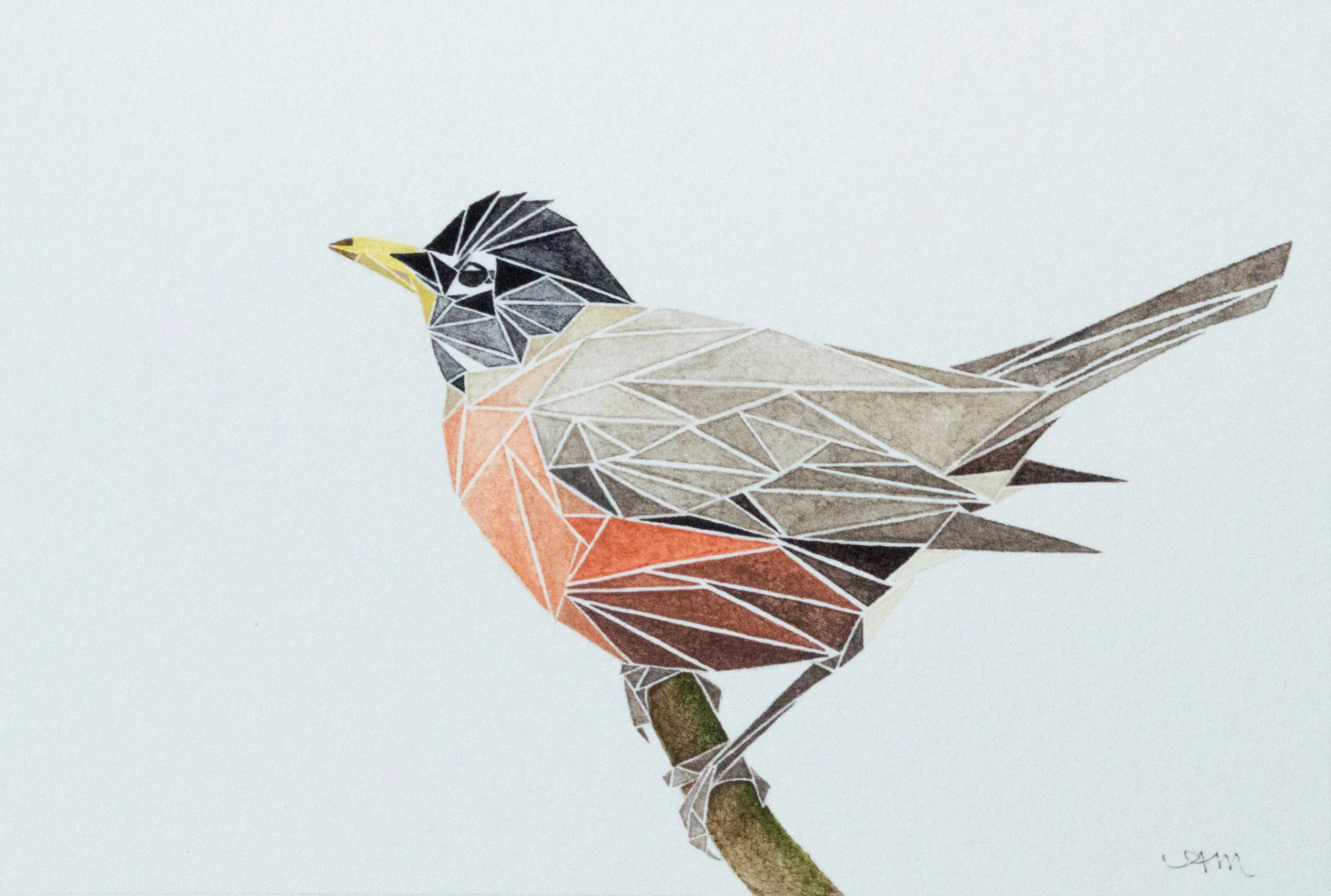 geometric american robin, watercolor on paper + -AVAILABLE-