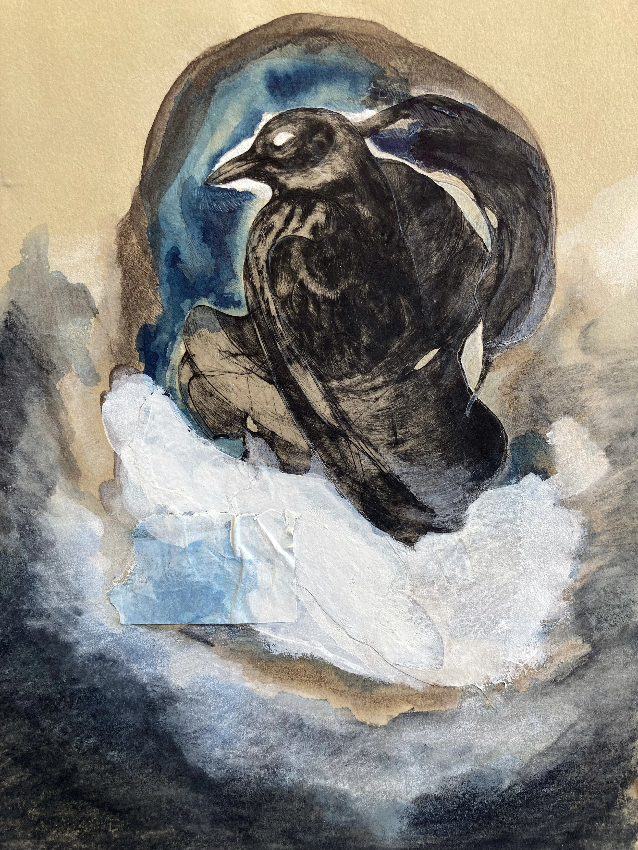  Ovenbird Moon  Engraving and mixed media  2025 