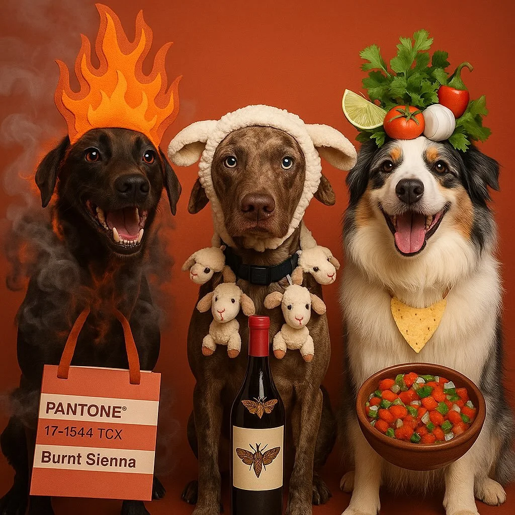 Costume reveal! Burnt Sienna 🎨 Silas of the Lambs 🎬, and Hiko de Gallo 🌶️ AI costume iterations courtesy of @rawmixs 
.
.
.
.
.
#acaab #positivereinforcementtraining #halloween #spooky #picodegallo  #silenceofthelambs #burntsienna  #halloweenpuns 