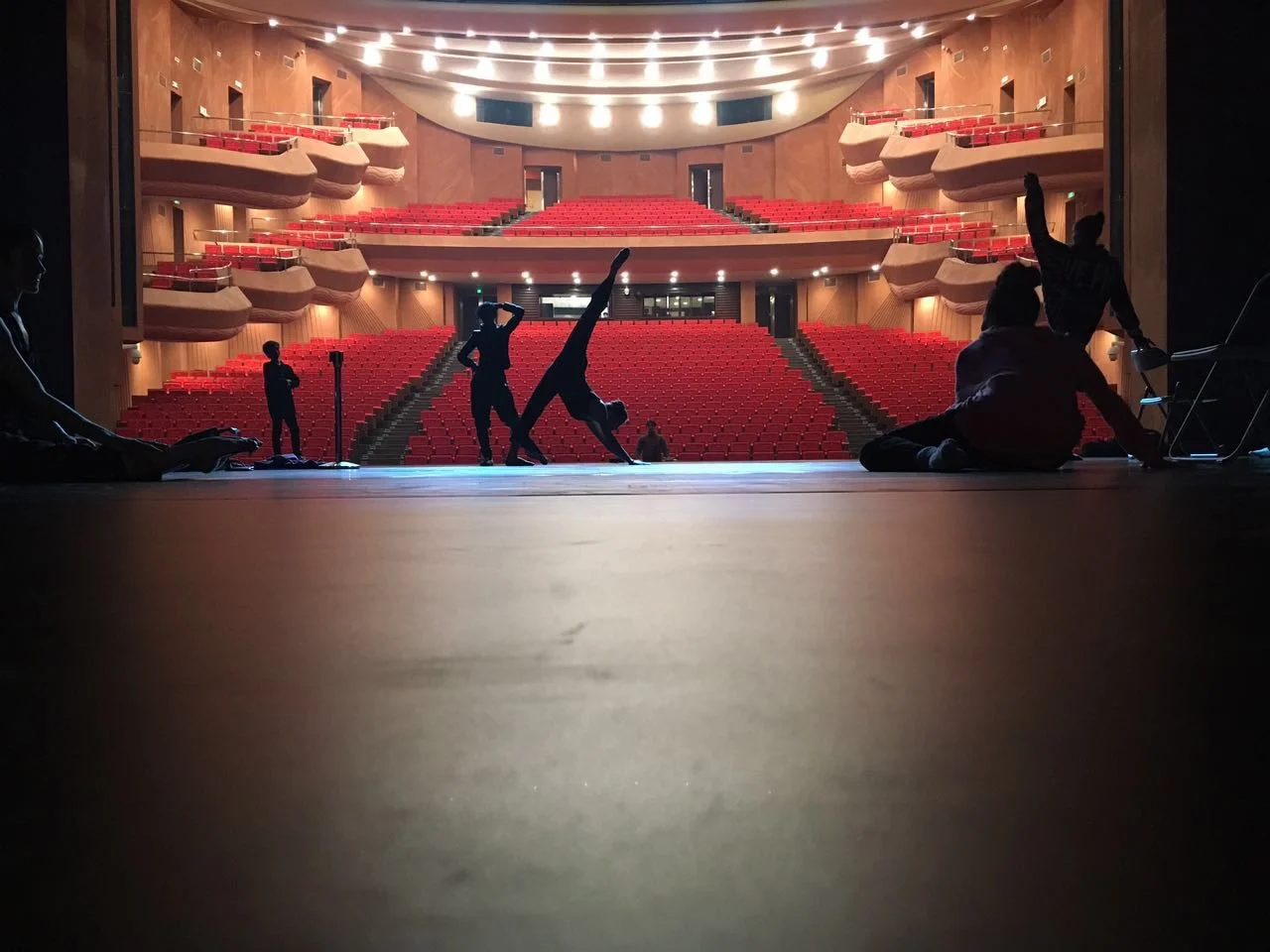 FJK Dancers getting a feel for the stage and warming up before company class.