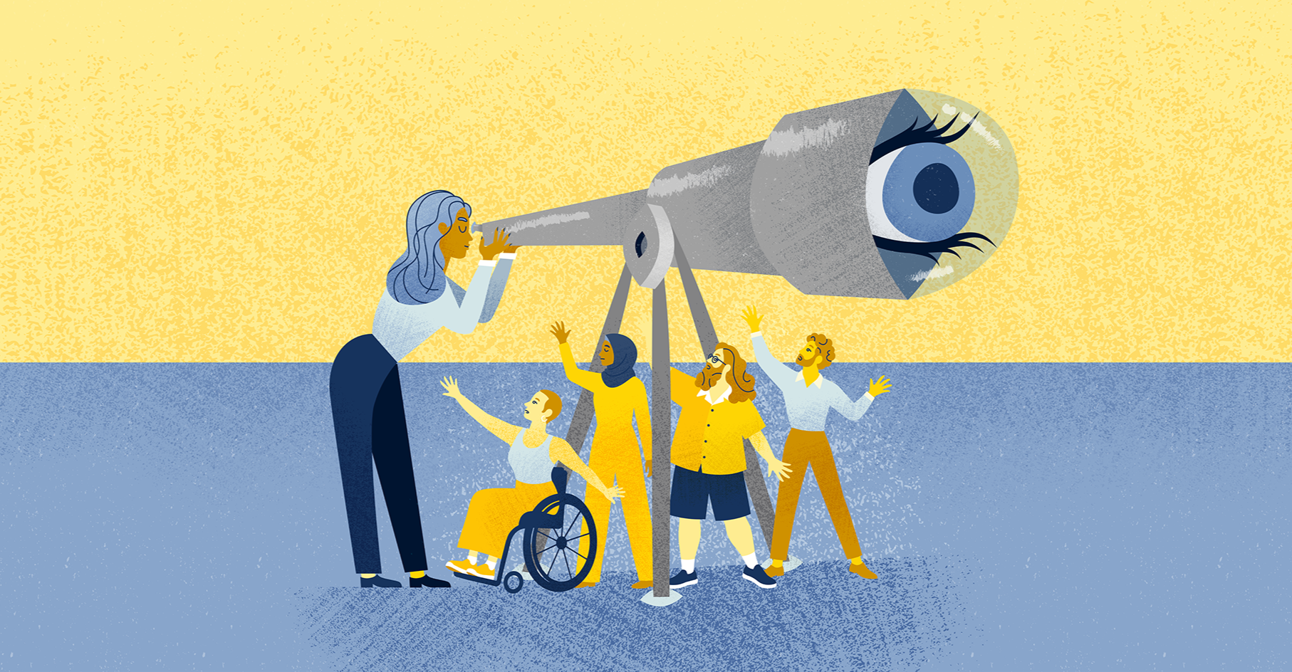 Illustration of person looking through a scope above the heads of four people below. The people below try to get the attention of the person at the scope but are out of view and therefore, out of mind.