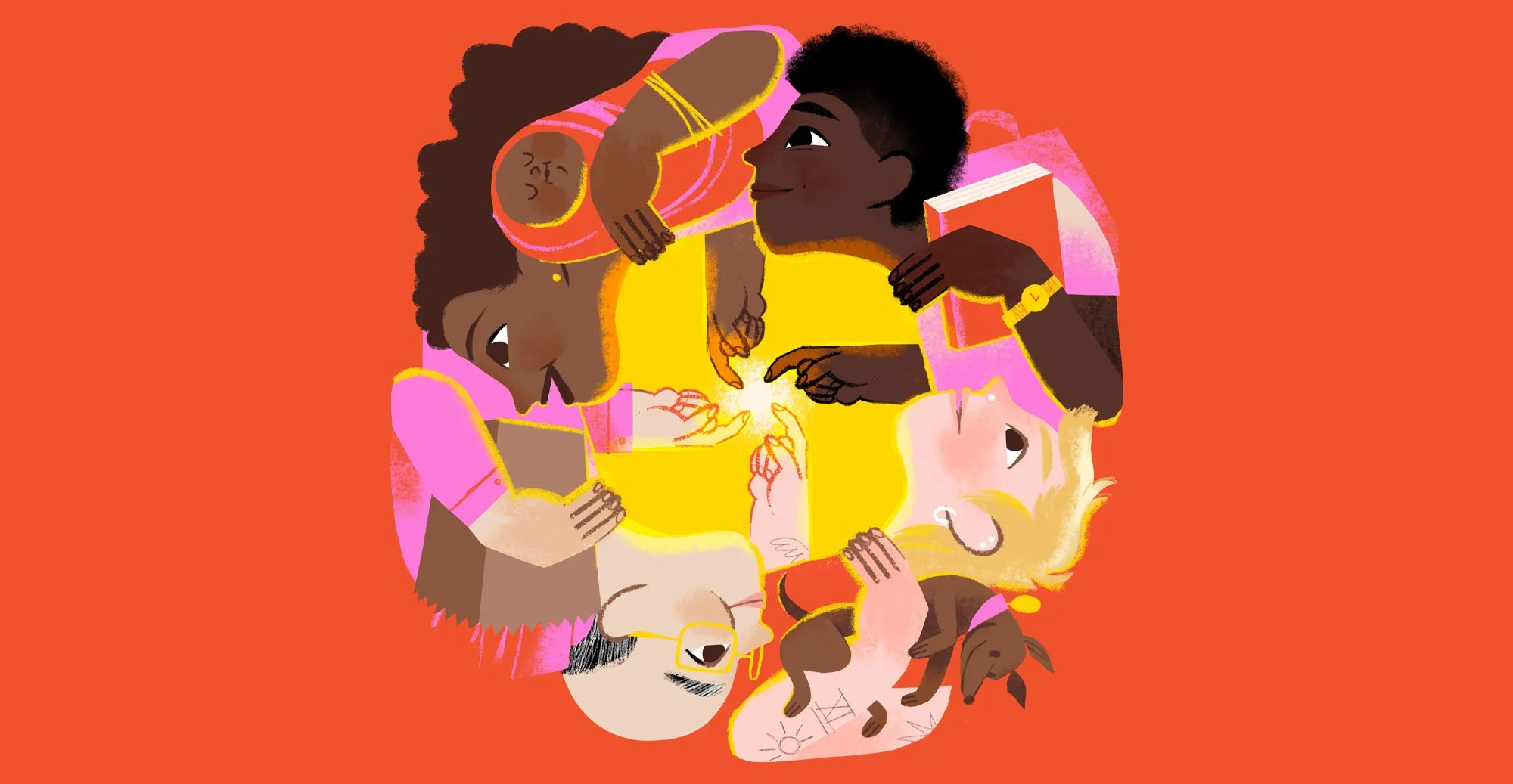 Illustration of a group of people ranging in age and identities coming together in a circle and reaching towards a common beacon or goal