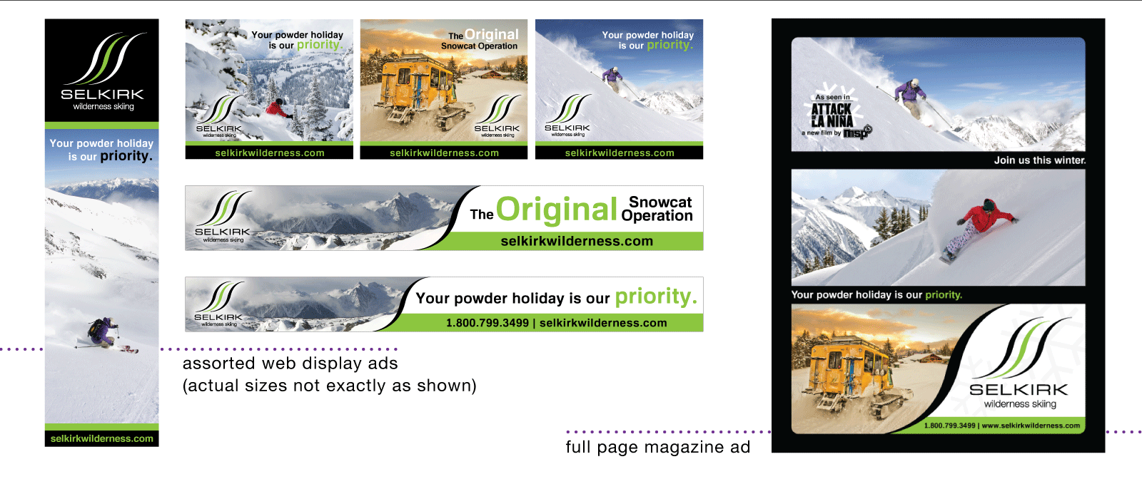 Web and print advertisement designs for Selkirk Wilderness Skiing, Meadow Creek, Canada.