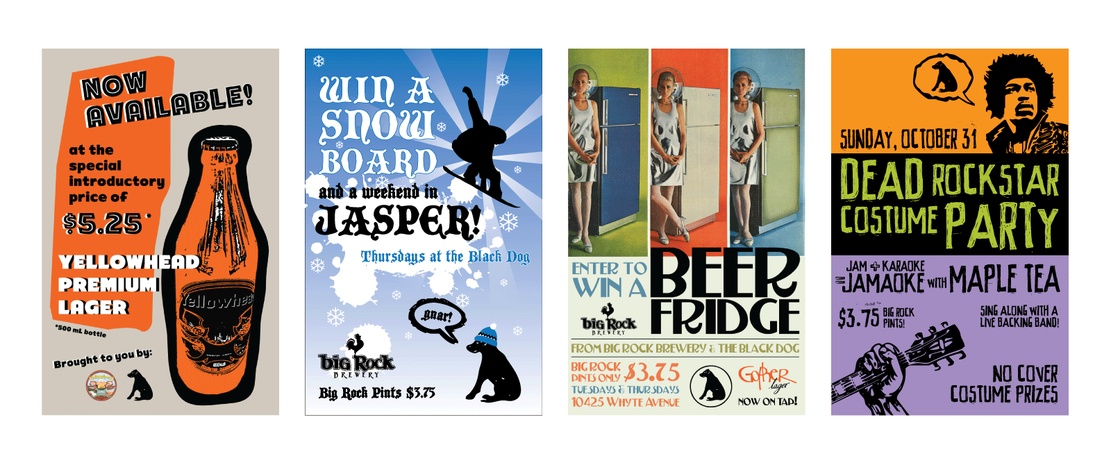 Colour poster design sampling for the Black Dog Freehouse, 2010-2011.