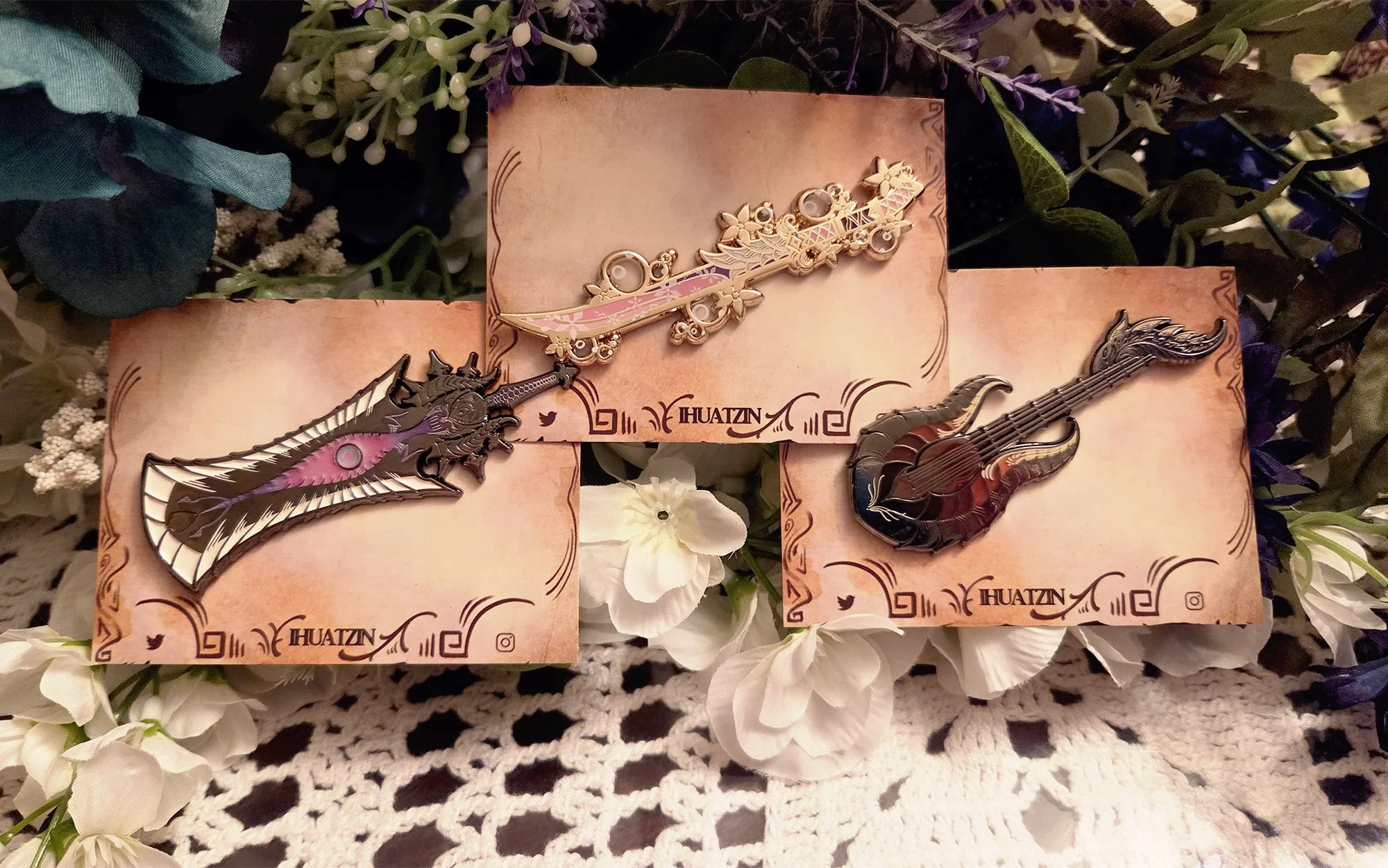 Monster Hunter Weapons Gold + Black Nickel Enamel Pins
