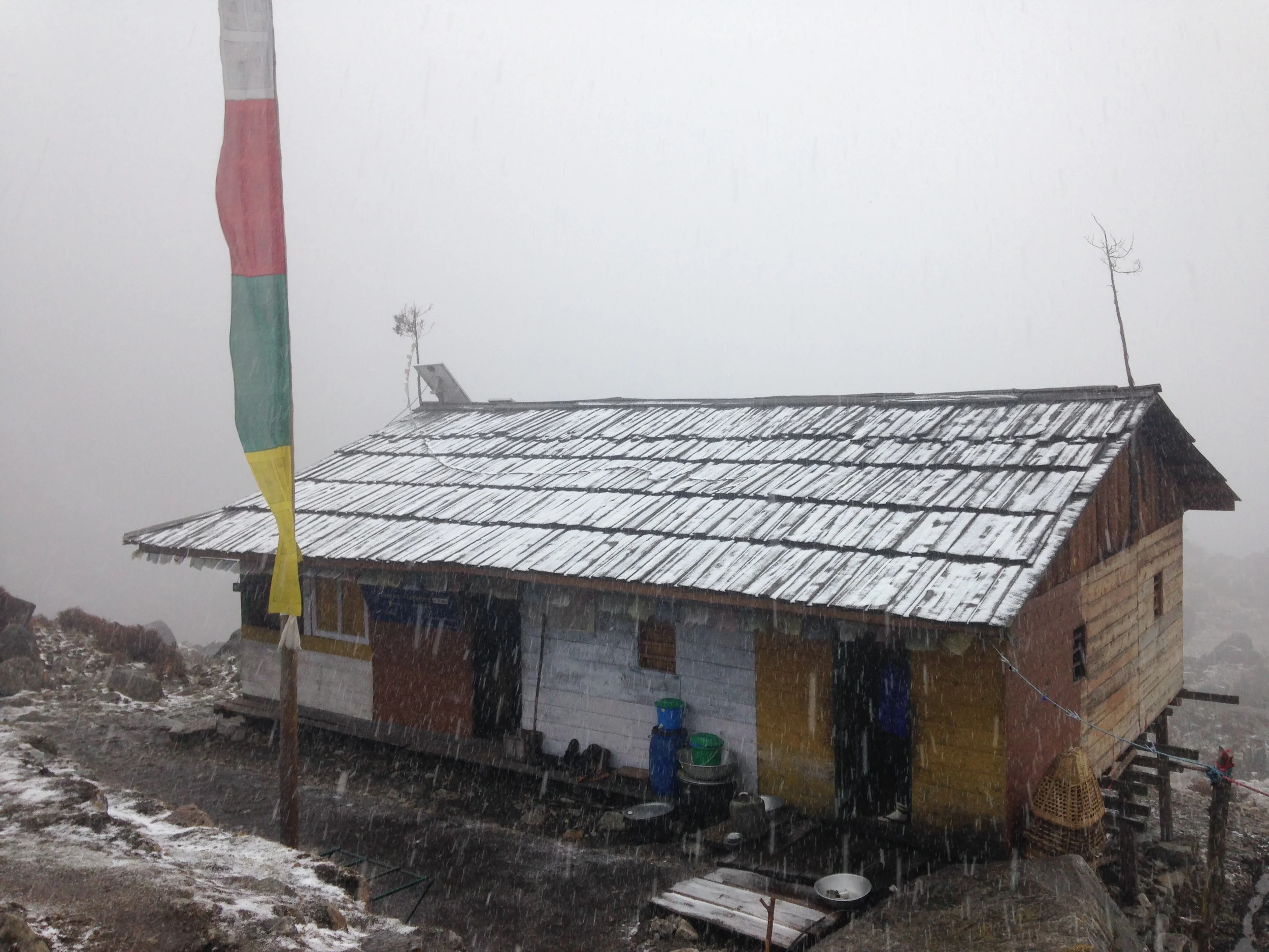The teahouse at Cheram getting snowed on.