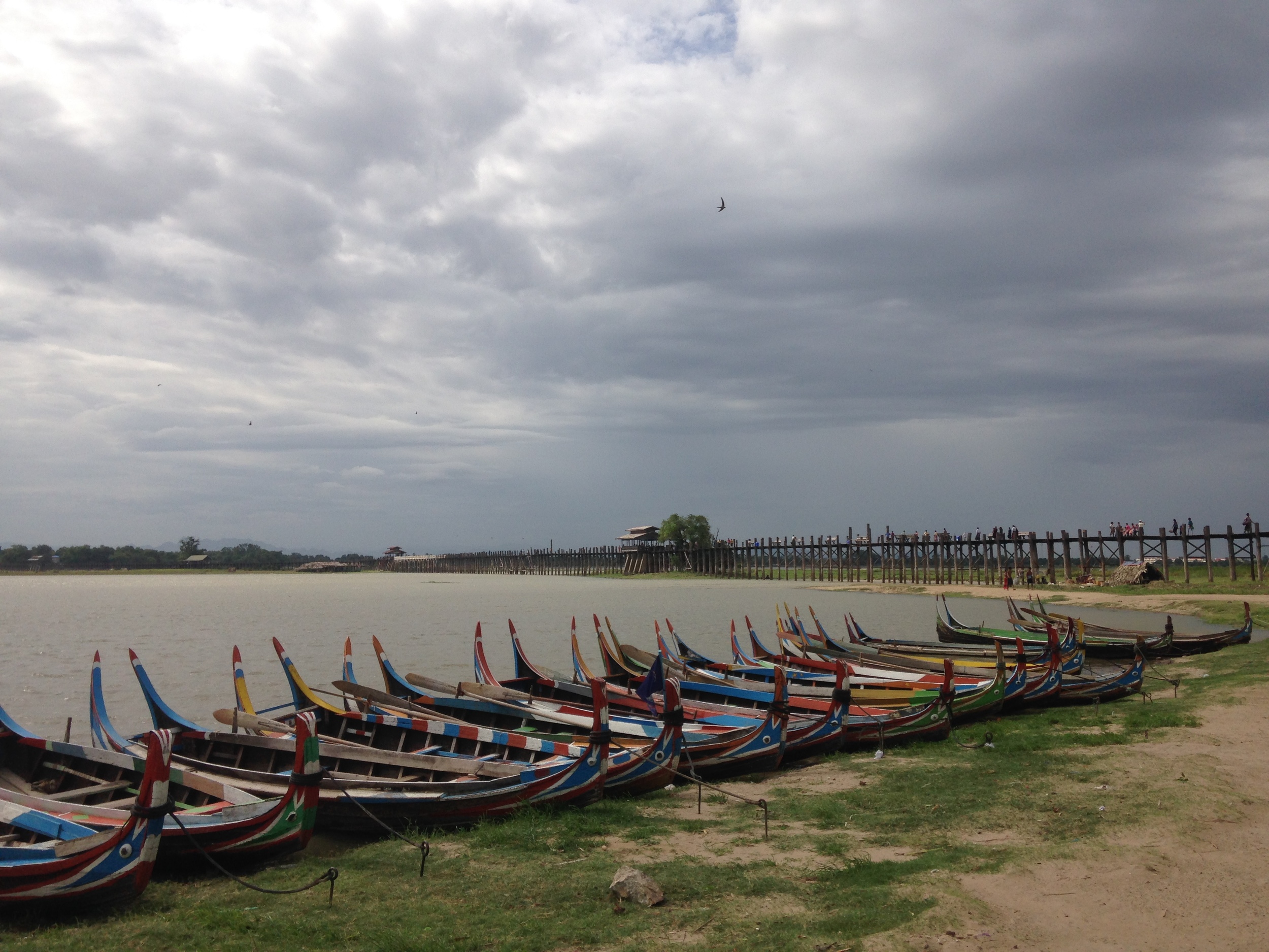  Boats in front of the U Bein Bridge near Mandalay 