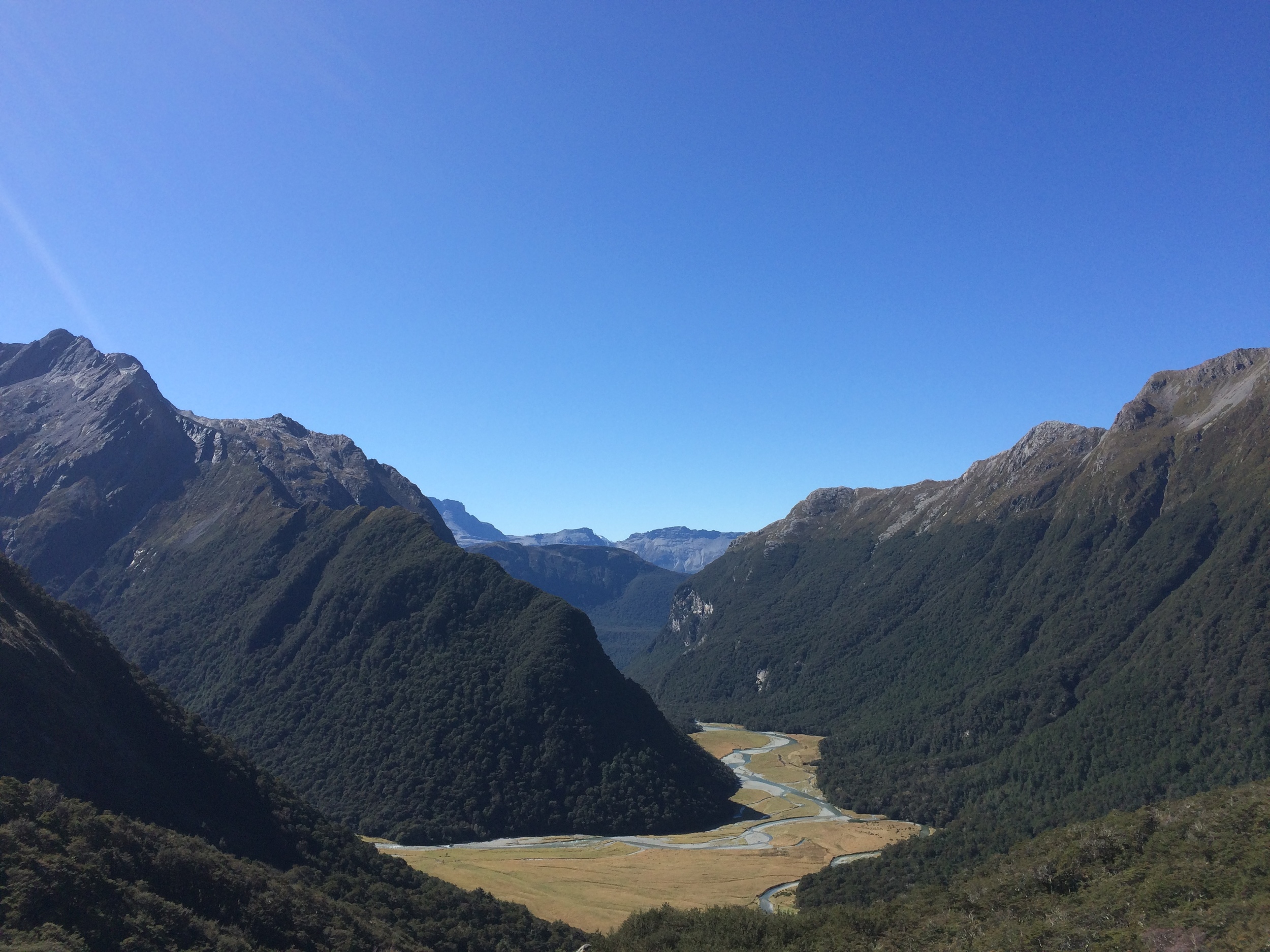 Looking down on the prairie land of the Routeburn