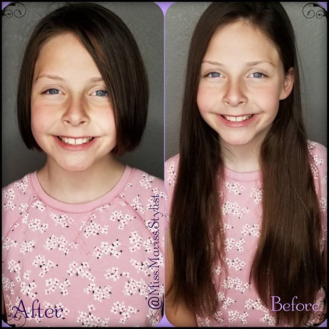 Big change for this lovely miss! After years of keeping it long, it was time for the chop! Loving this radical change for spring! 
Not only dose she get a new look for the summer season, but will also be helping someone else with a new due, donated t