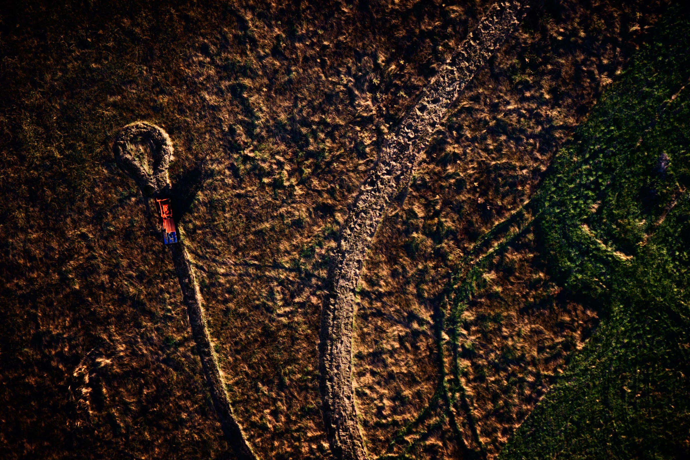  Aerial view of Red tractor plowing fields from hot-air balloon, Yarra Valley, Victoria, Australia 