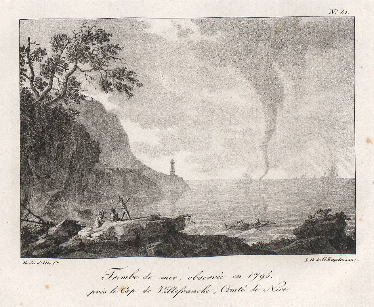 Waterspout off the coast of Villefranche-sur-Mer (France) in 1795 . Lithography by Godefroy Engelmann (1788–1839) and drawing by Louis Albert Guislain Bacler d'Albe (1761 –1824). source: Souvenirs pittoresques du Général Bacler d'Albe , 1818, 104 illustrations ( Bibliothèque nationale suisse ) via Viatimages .