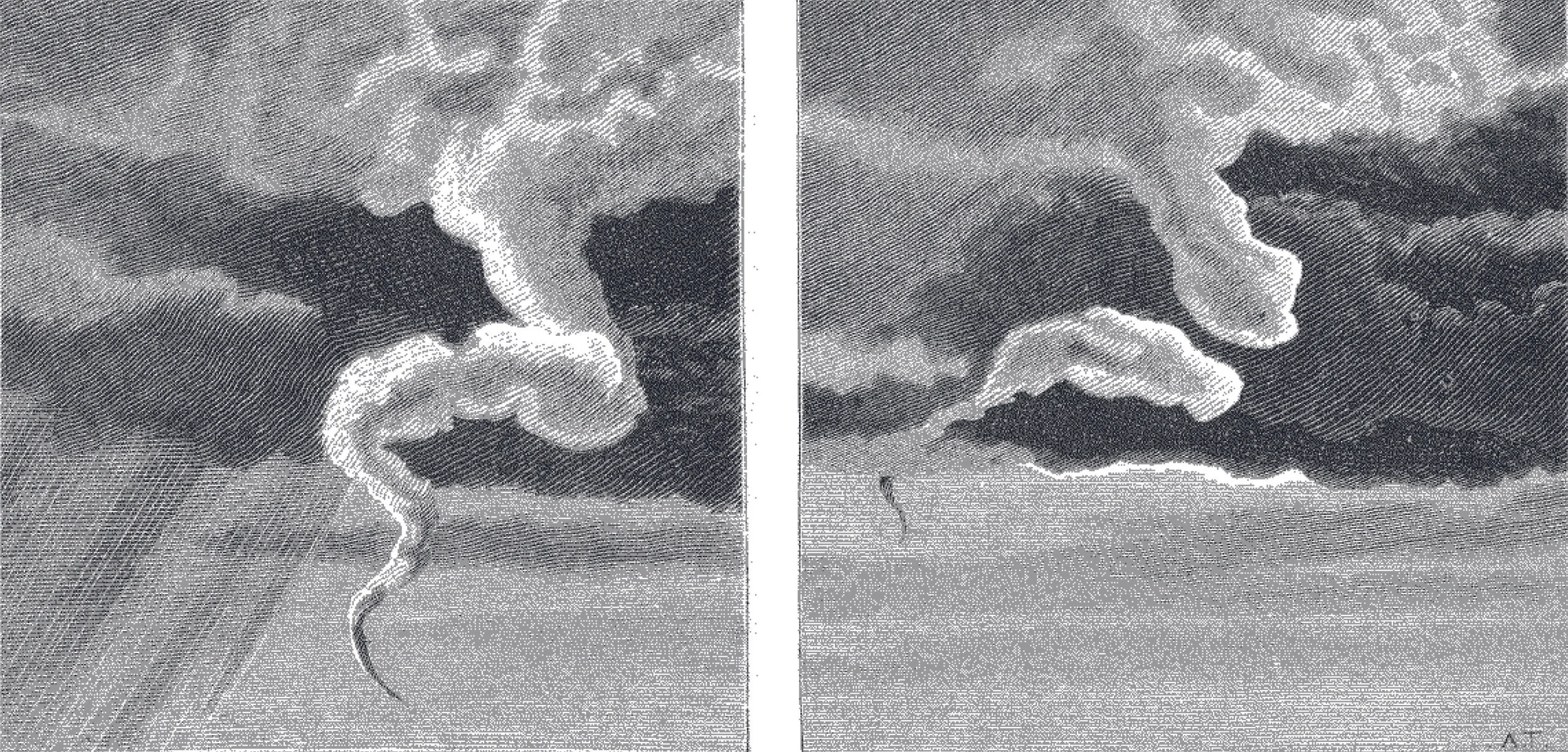 The dissipation of the Norwich tornado (June 1880) illustrated by Albert Tissandier. source: Une Trombe Observee at Norwich, en Angleterre. La Nature 1880, 366–391, p. 215–216. Courtesy of CNUM – Conservatoire Numérique des Arts et Métiers (http://cnum.cnam.fr/).