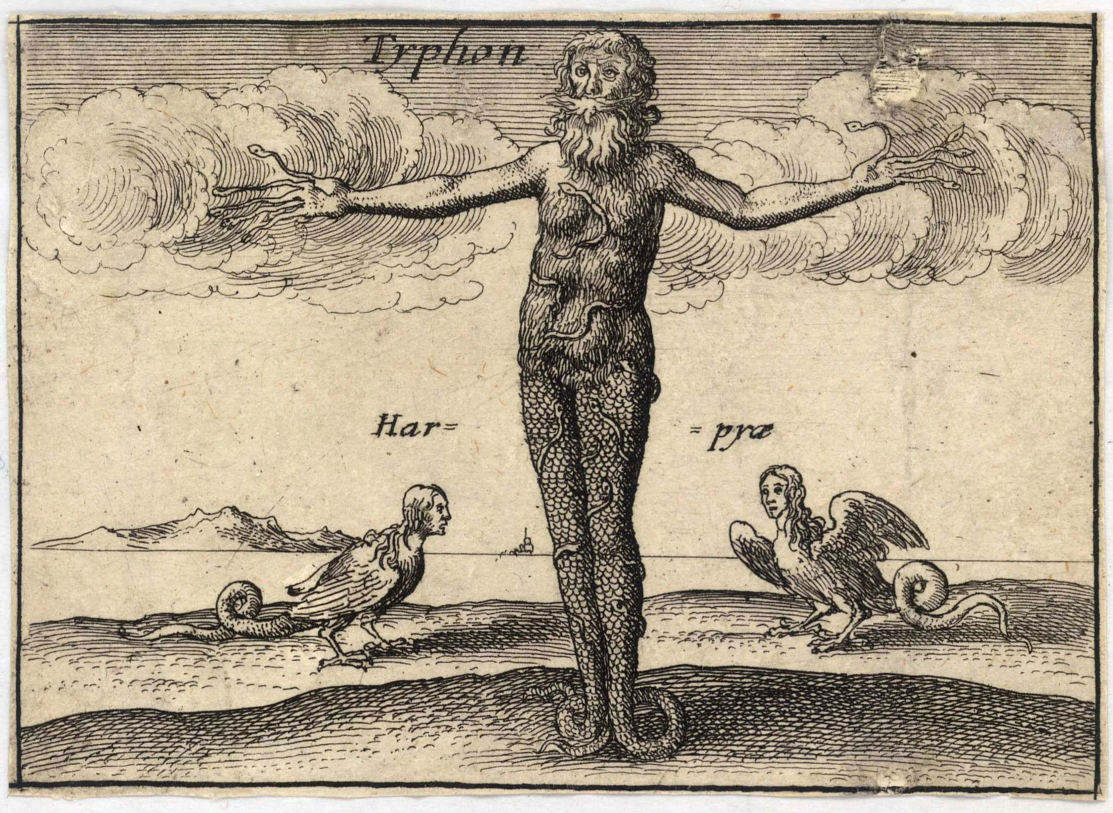 Depiction "Typhon" from a series on " The Greek Gods " by the Bohemian etcher Wenceslaus Hollar (Václav Hollar) (1607–1677). Born of Mother Earth Gaia and Tartarus , Typhon commands the destructive winds of the world, which he used on land to destroy crops and in water to sink ships and drown sailors. Several sources (e.g., Pindar ) locate Typhon's birth and dwelling place in the vicinity of the ancient Cilician coastal city of Corycus ( Kızkalesi, Turkey ). This is a region in which, according to a recent climatology , tornadoes and waterspout are observed relatively frequently. source: artwork from University of Toronto Wenceslaus Hollar Digital Collection scanned by University of Toronto , high resolution version extracted using custom tool by User:Dcoetzee via Wikipedia .