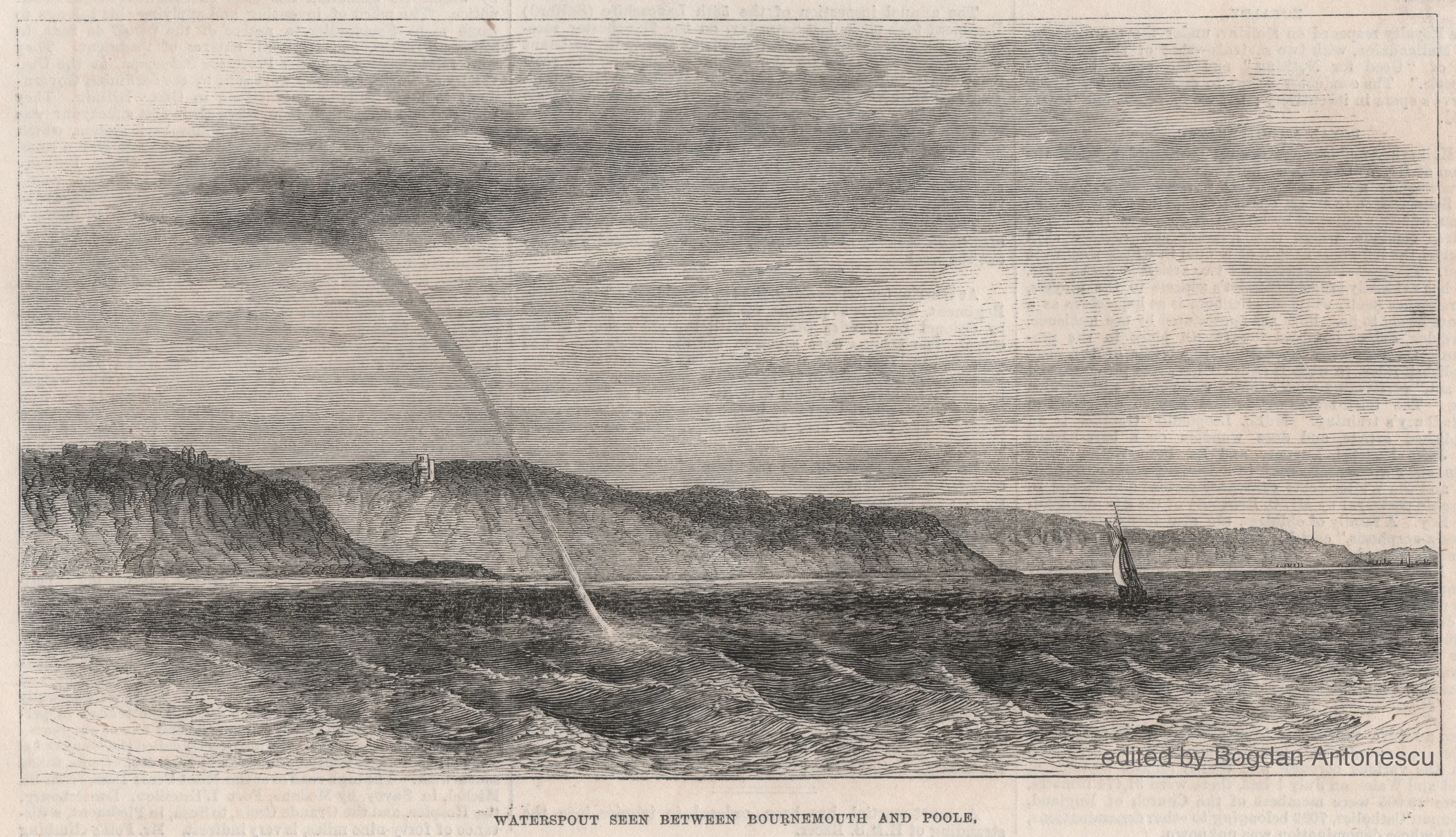 Waterspout seen between Bournemouth and Poole on 8 September 1871 from Illustrated London News (23 September 1871, p. 272). The sketch is attributed to Mr. Arthur Blomfield, possible the English architect Sir Arthur William Blomfield (1829–1899).