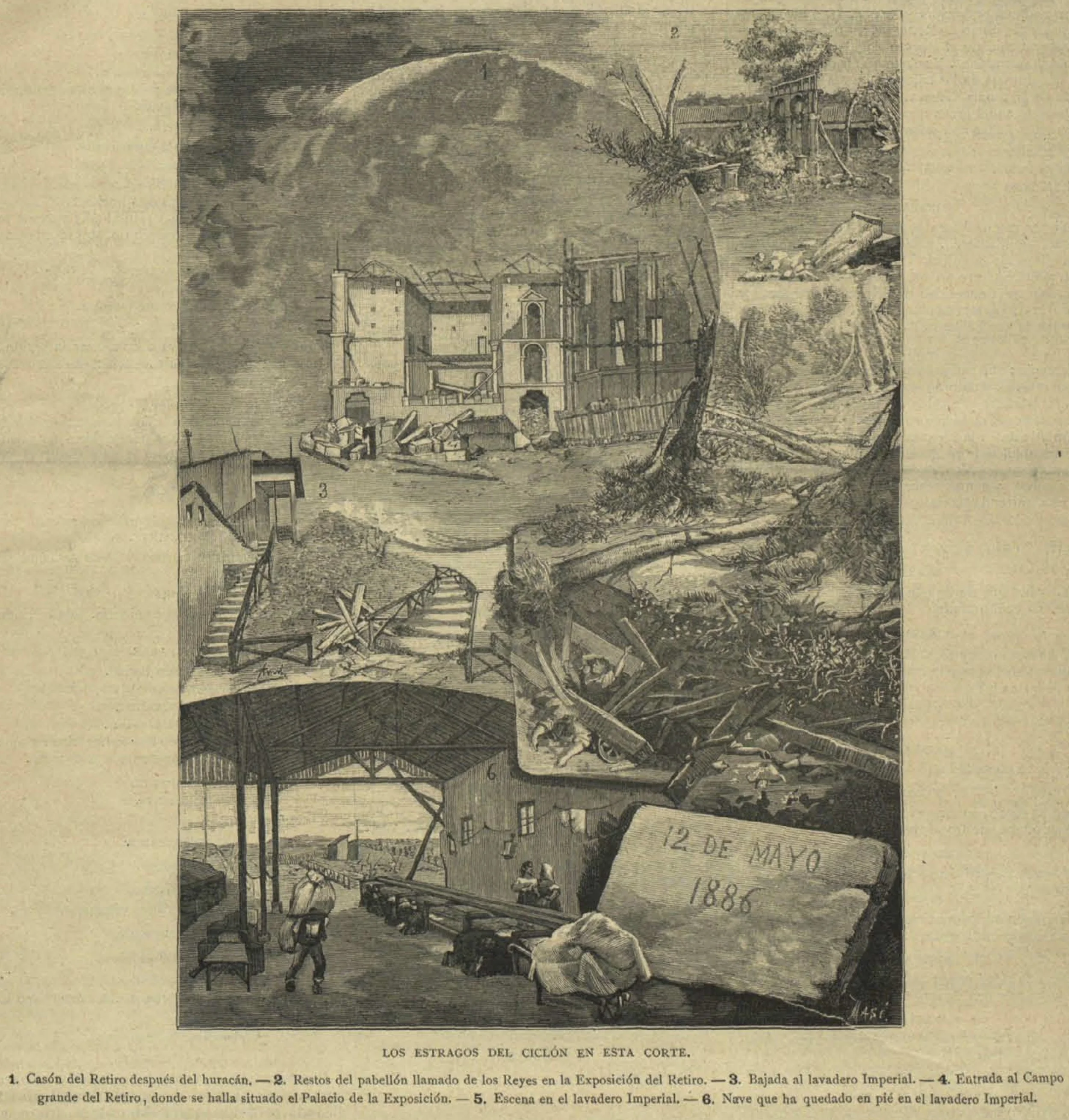Damages associated with the 12 May 1886 Madrid tornado (from La Ilustración católica, 25 May 1886).