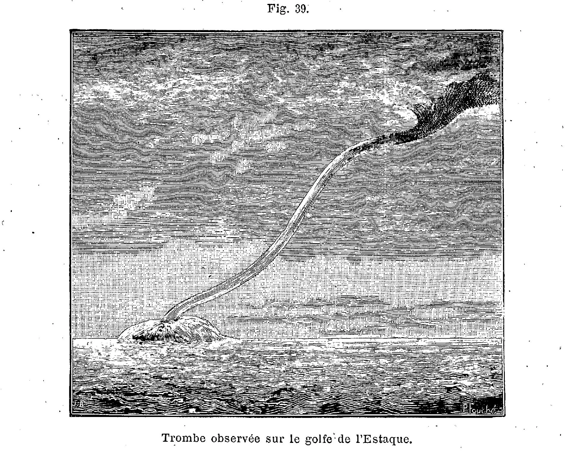 A waterspout observed in the Bay of L'Estaque (Marseille, France) on 17 September 1887 at 2:00 pm. source: Fig. 39 from "Trombes observées sur la mer". L'Astronomie , Tome VII , p. 73–75. via BnF Gallica