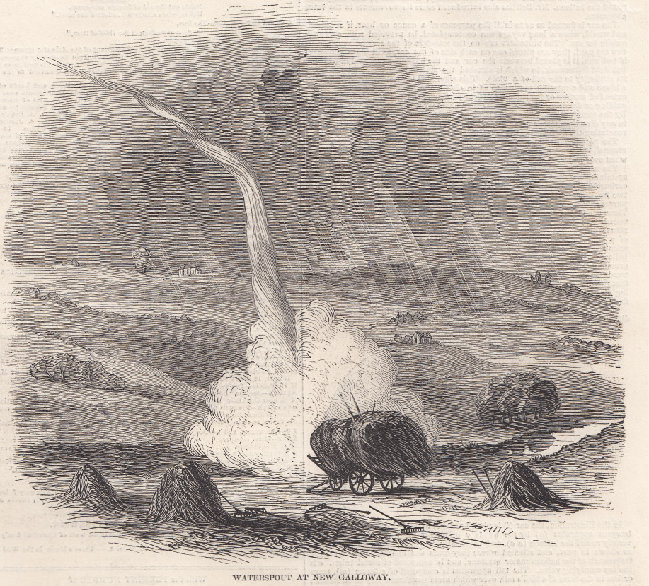 A tornado (that seems to have started as a waterspouts) observed on 17 July 1850 at New Galloway (Scotland). source: Illustrated London News , 27 July 1850 , p. 73.