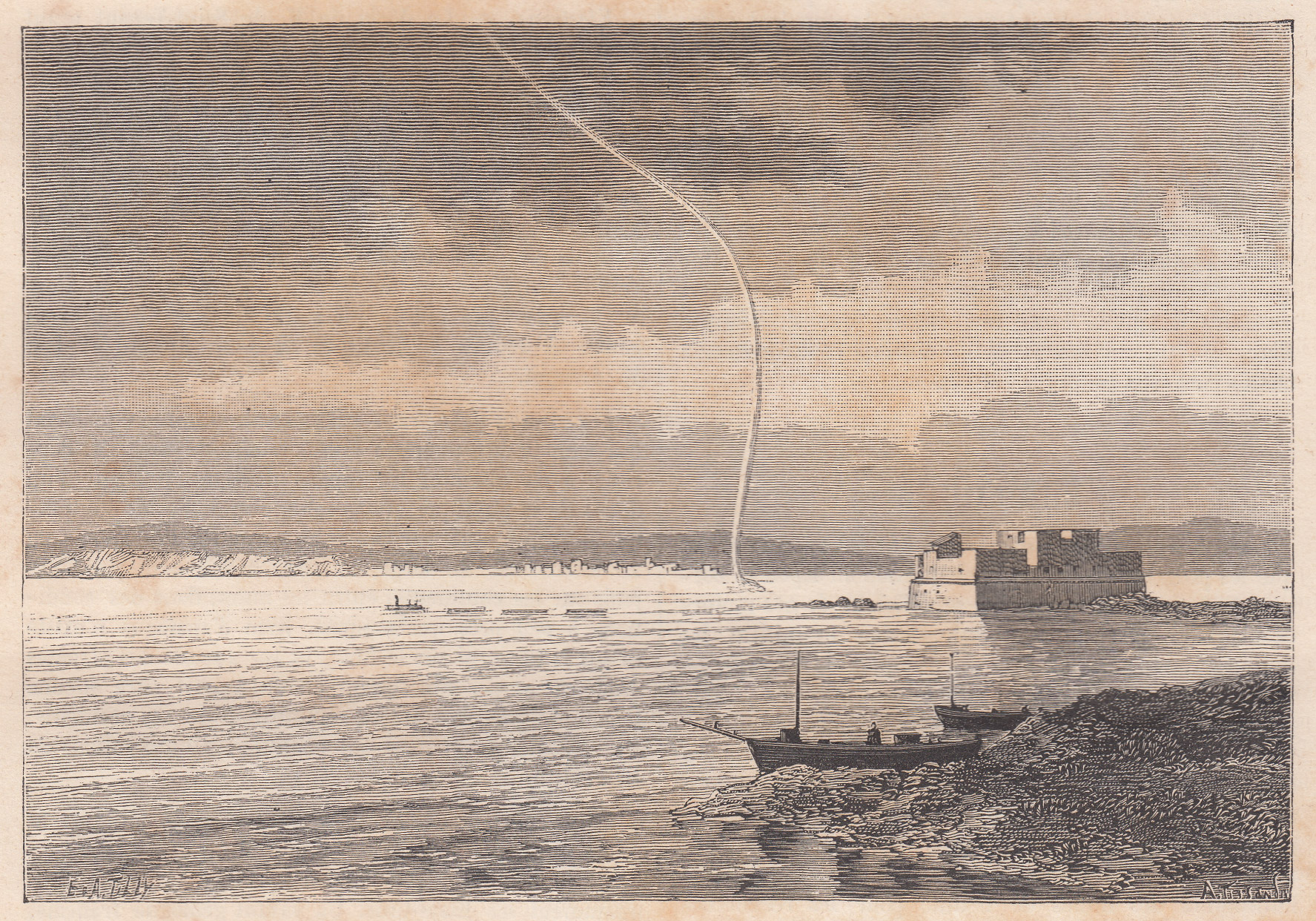 Waterspout observed at Toulon (France) on 4 May 1886 at 10am (local time), after a sketch by M. d'Angel. source: Zurcher, F., 1886. Trombe dans la rade de Toulon (Waterspout in Toulon harbour). La Nature , 678 , p. 416. (personal collection).