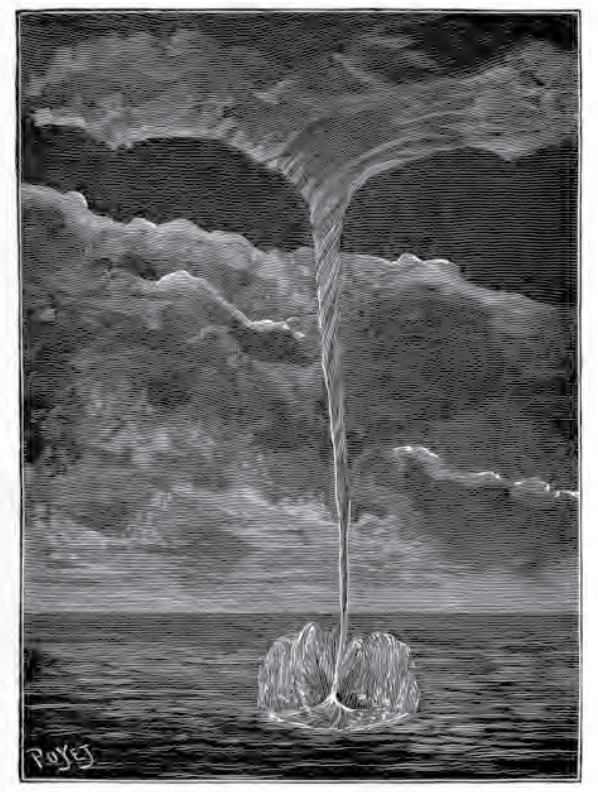 Depiction of a waterspout from Sur les tourbillons, trombes, tempêtes et sphères tournantes (1889) a book containing laboratory experiments on tornado and waterspout formation by the French engineer Charles Louis Weyher (1836–1916).