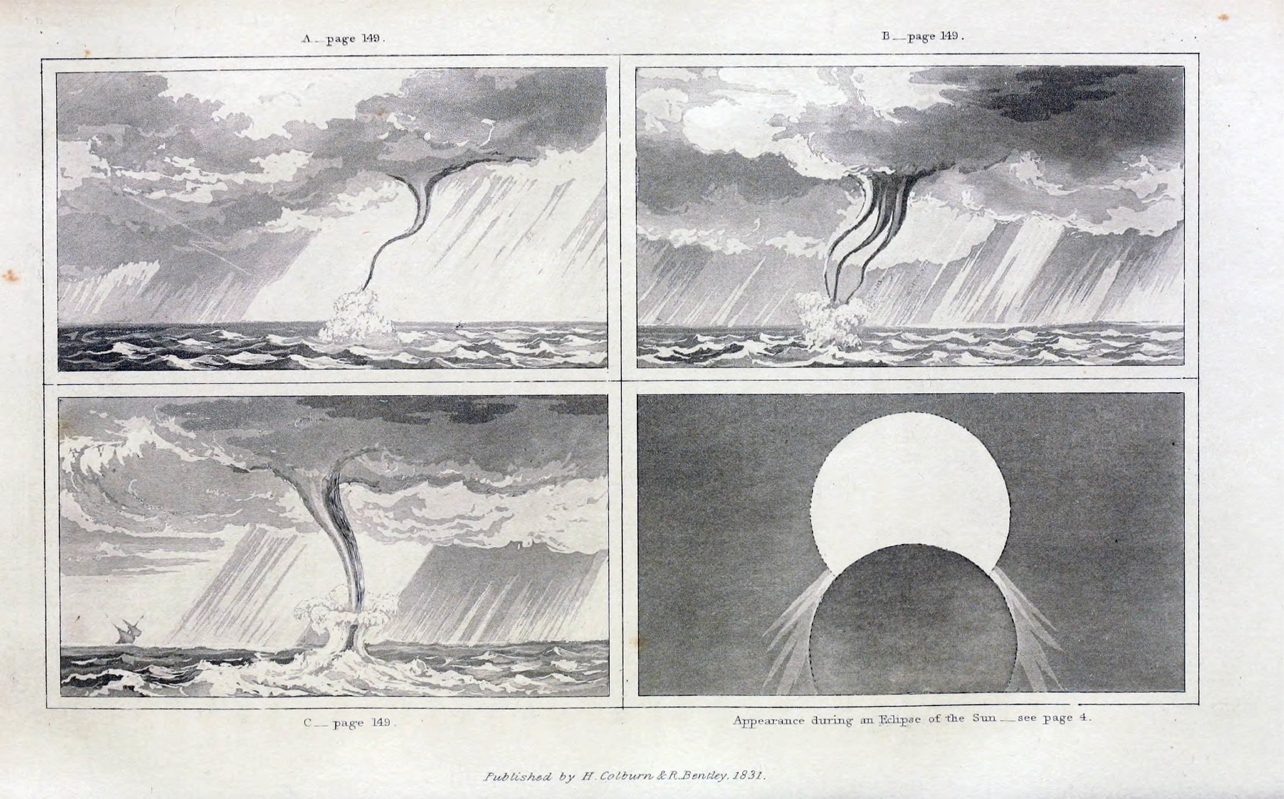 Waterspout at Reao ( French Polynesia ) observed on January 1826 by Captain Frederick William Beechey (1796–1856). source: Beechey, F. W., 1831: A Narrative of a Voyage to the Pacific and Beering's Strait (vol. 1). London: Henry Colburn and Richard Bentley. (via archive.org )