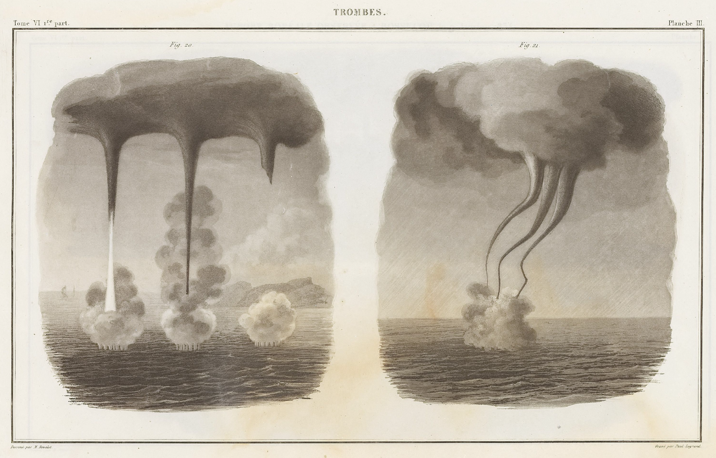 Waterspouts from "Traite experimental de l'electricite et du magnetisme, et de leurs rapports avec les phenomenes naturels; Atlas" (vol. VI, plate III, Figs. 20-21) (1840) by the French scientist and pioneer in the study of electrical phenomena Antoine César Becquerel (1788–1878). The plate is inscribed "Dessine par M. Bevalet. Grave par Paul Legrand." source: www.deutsche-digitale-bibliothek.de
