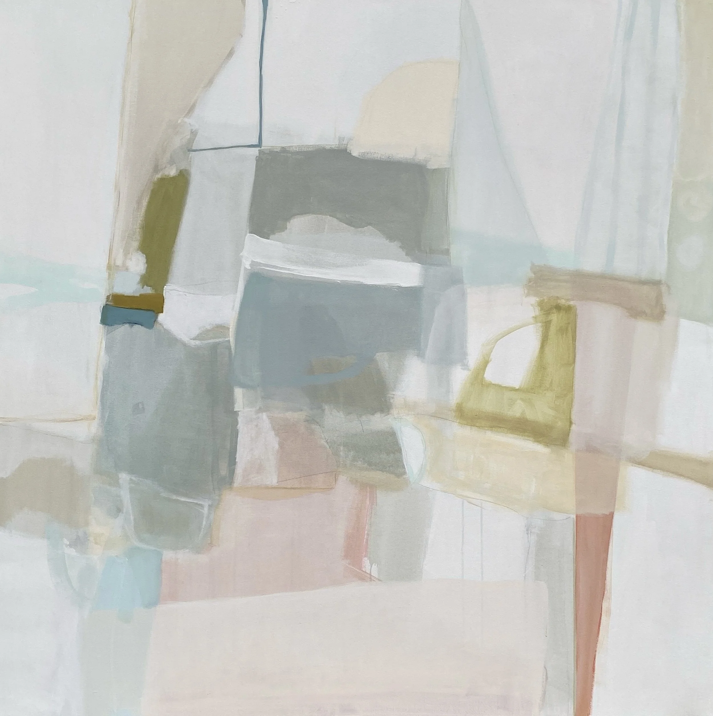 Abstract painting with soft muted colors and geometric shapes.