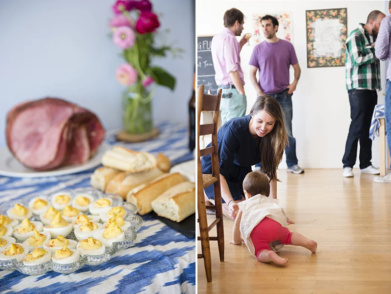 As people arrived, we set out deviled eggs and spiral cut ham as our littlest hostess, my 10-month-old daughter, greeted guests.
