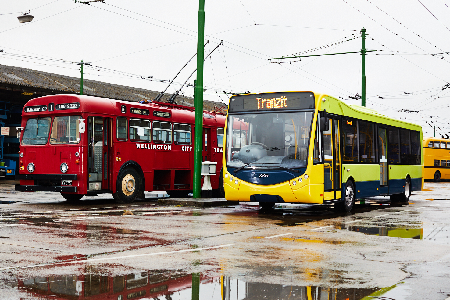 Old meets new at the Trolley Bus Museum, Sandtoft on the way to be shipped from the UK to New Zealand