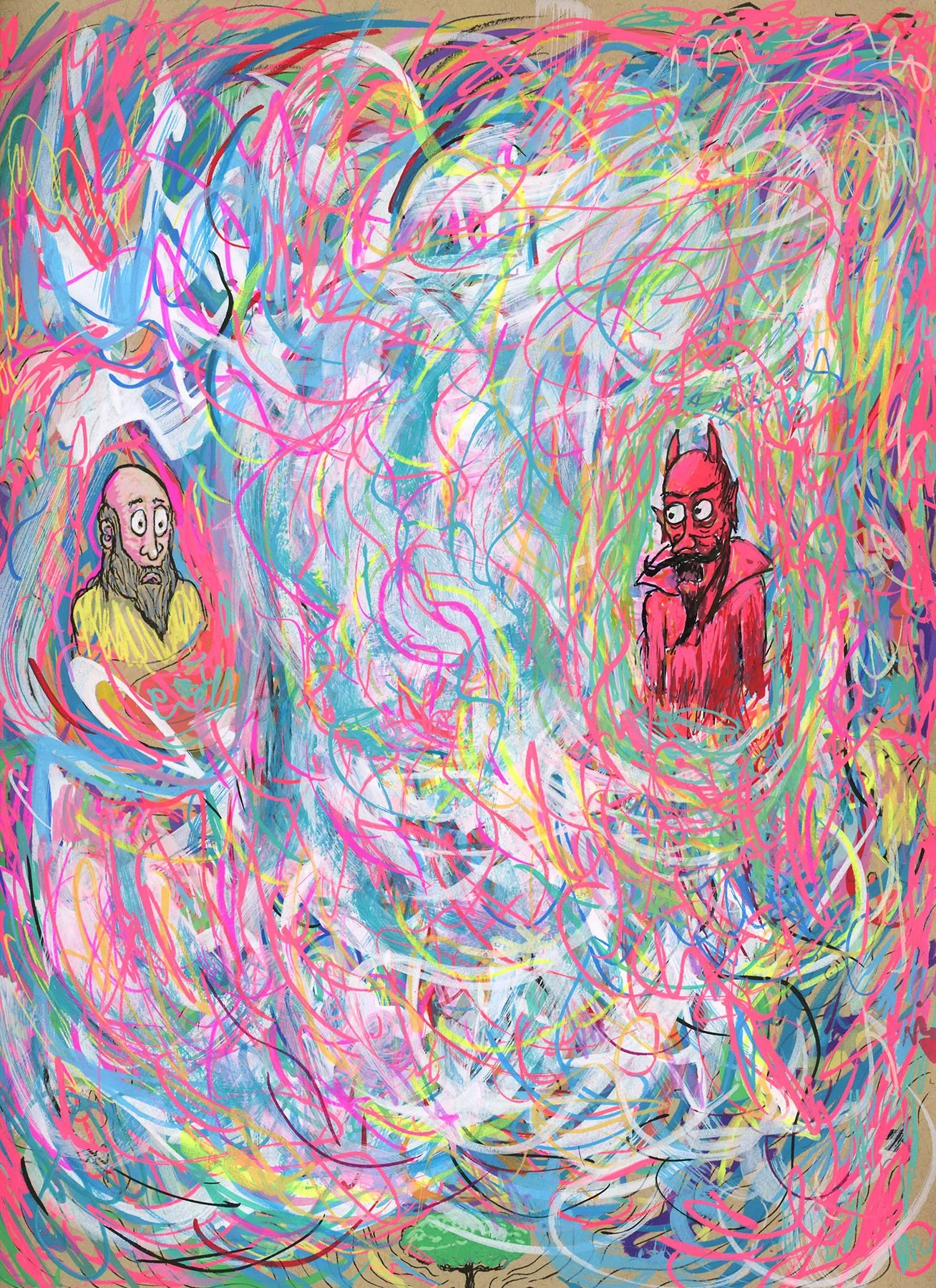 God and the Devil, Pen & Ink and Acrylic on paper, 9x12 in.