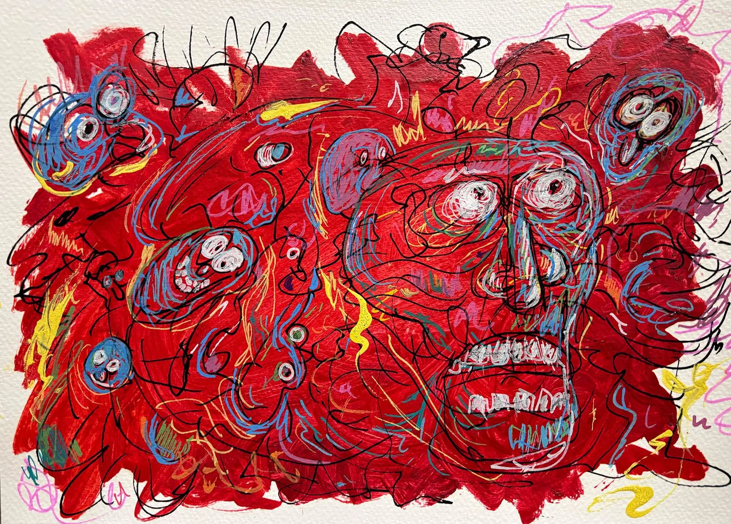 Strange Faces, Pen & Ink and Acrylic on paper, 12 x 15.5 in.