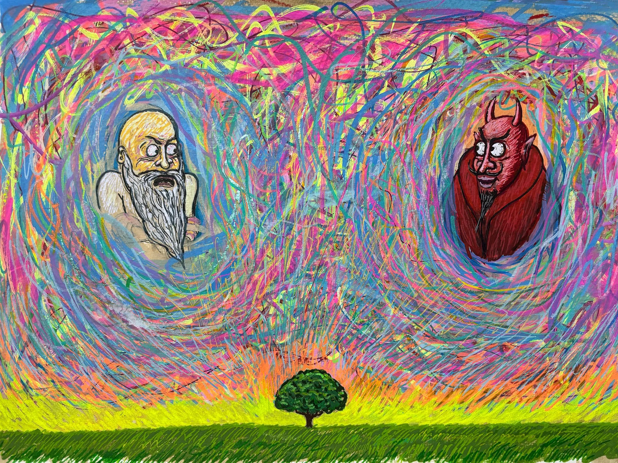 God, Devil and Sunrise, Acrylic on paper, 12x16, 2026
