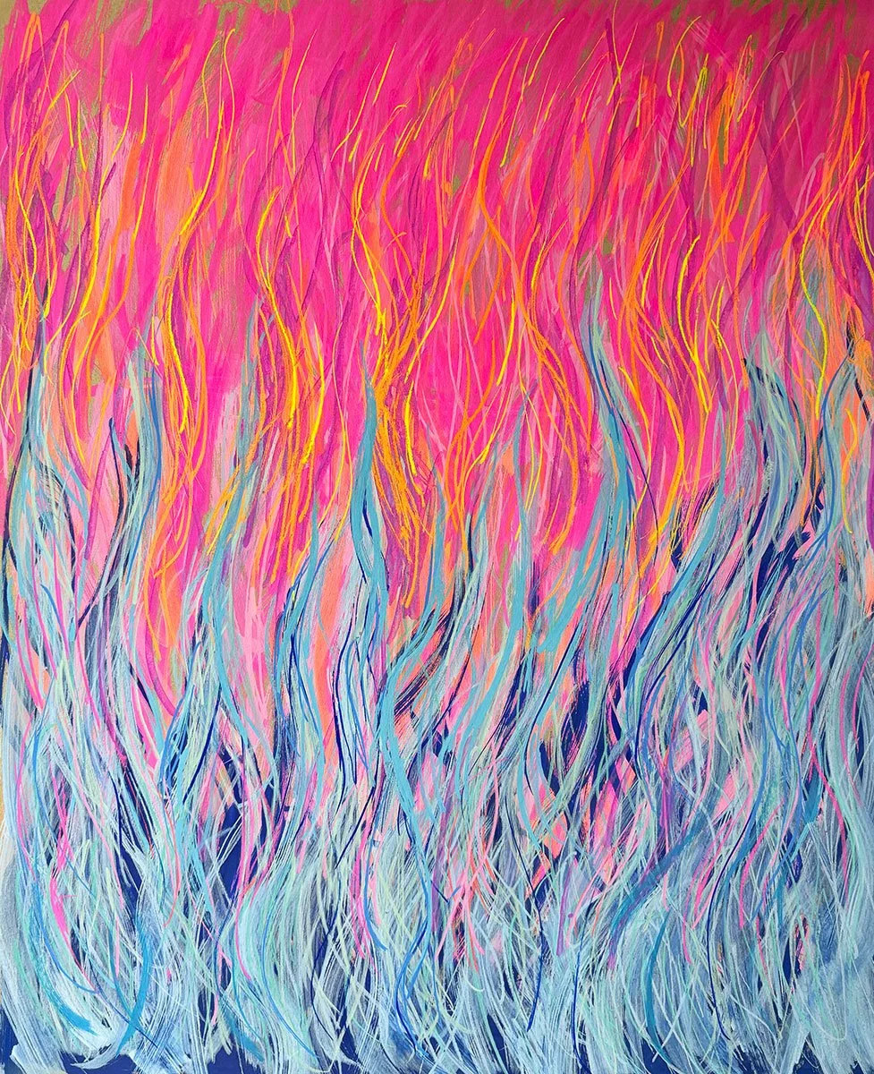 Blue Fire over Pink Fire, 9 x 12 in. Ink, Acrylic and Pencil on Paper