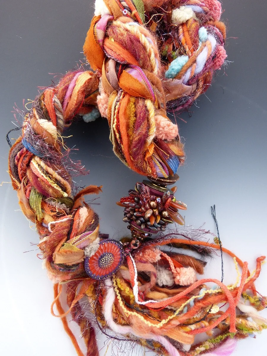 Fire Orange Fiber Necklace with Vintage Coins and Wooden Spool