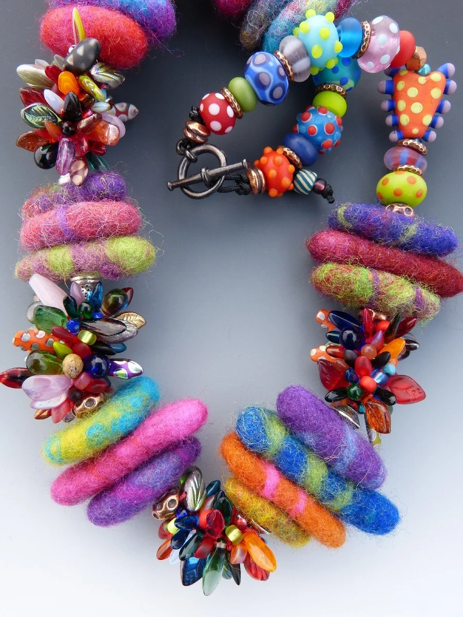 Riveted Felted Wool Beads and Lampwork Glass Beads