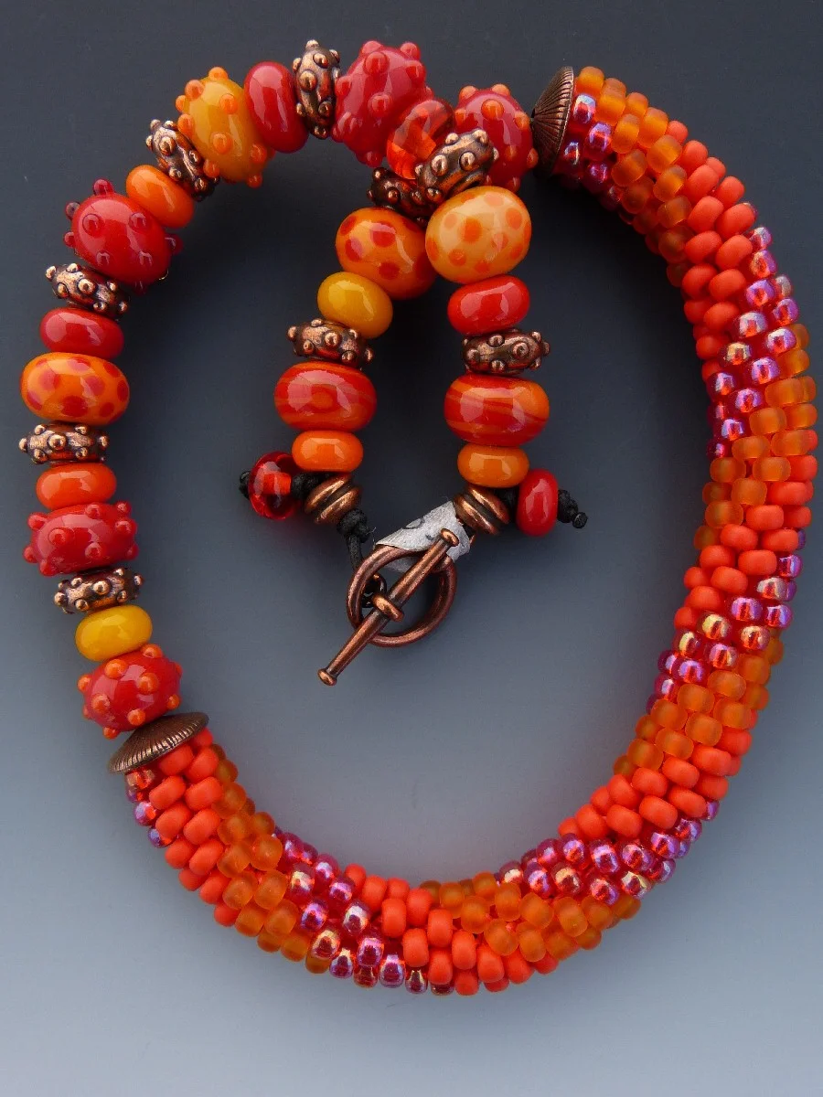 Vibrant Red and Orange Lampwork and Bead Crochet Necklace
