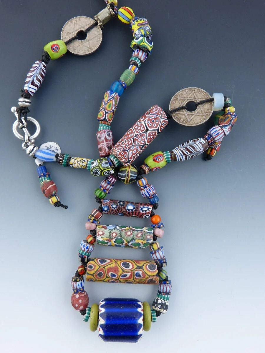 African Trade Bead Necklace with Large Chevron