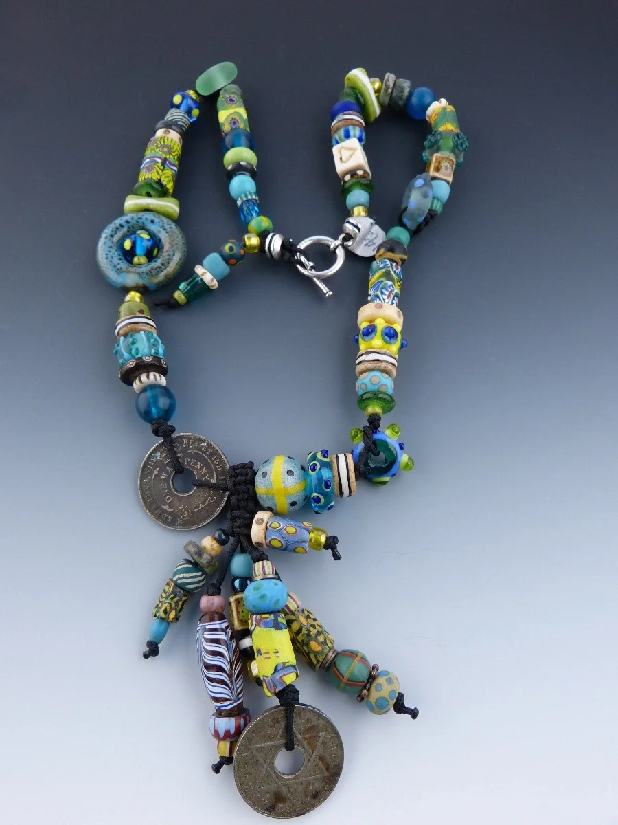 Turquoise and Yellow Asymmetrical Pendant Necklace
