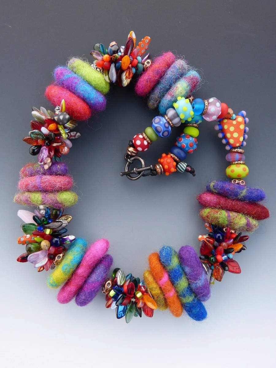 Felted Wool, Rivets, Bead Crochet and Lampwork Glass Bead Necklace, $242