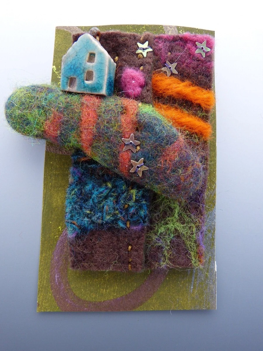 Turquoise Ceramic House with Wet and Needle Felted Landscape, $36