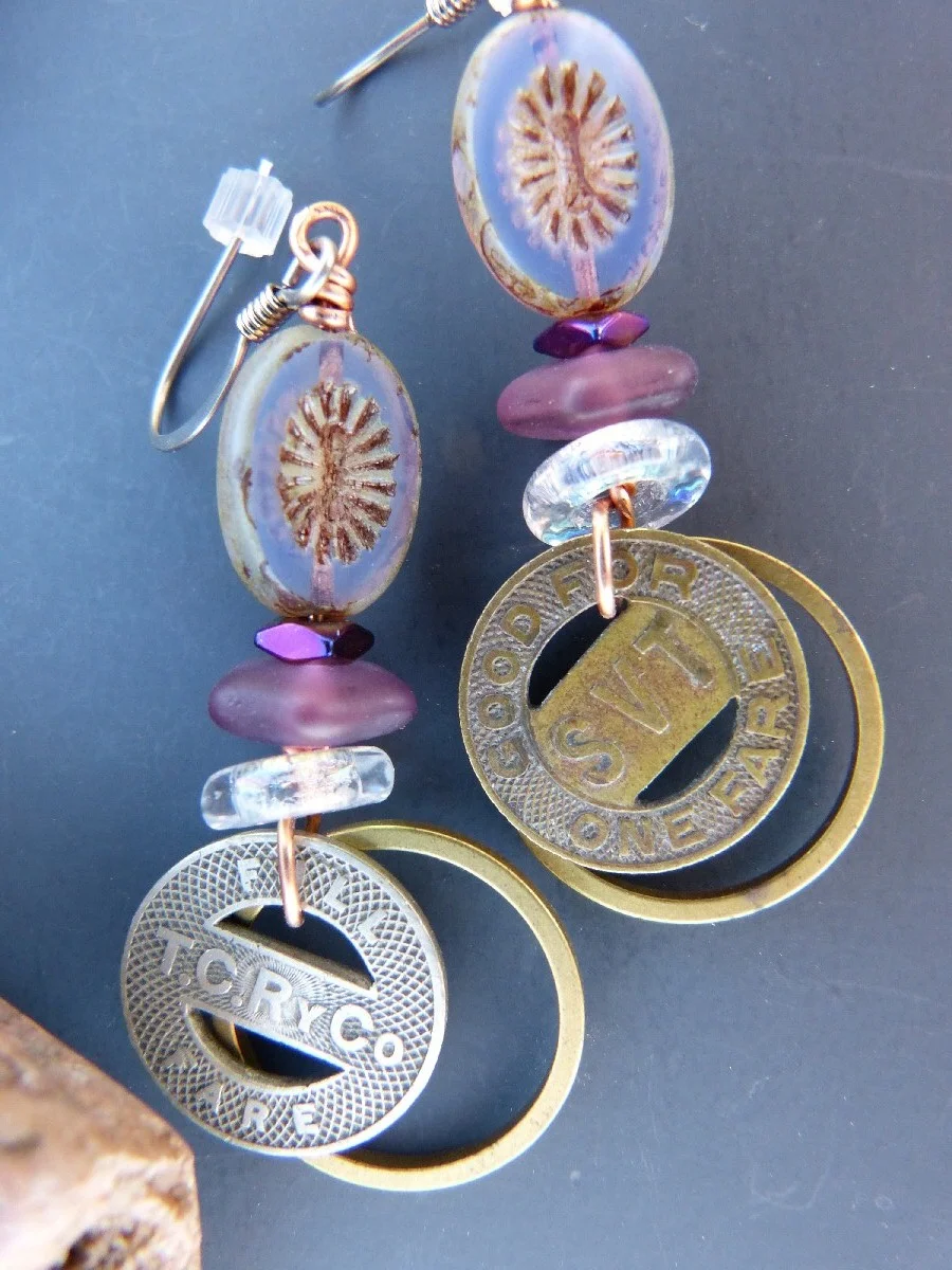 Old Brass Bus Token Earrings with Czech Glass, $28/pair.