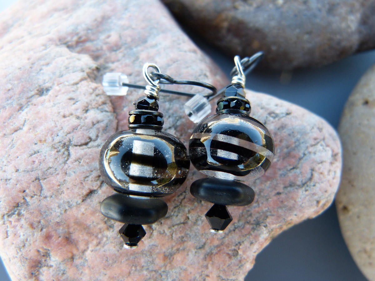 Clear and Black Lampwork Glass Bead Earrings, $20/pair