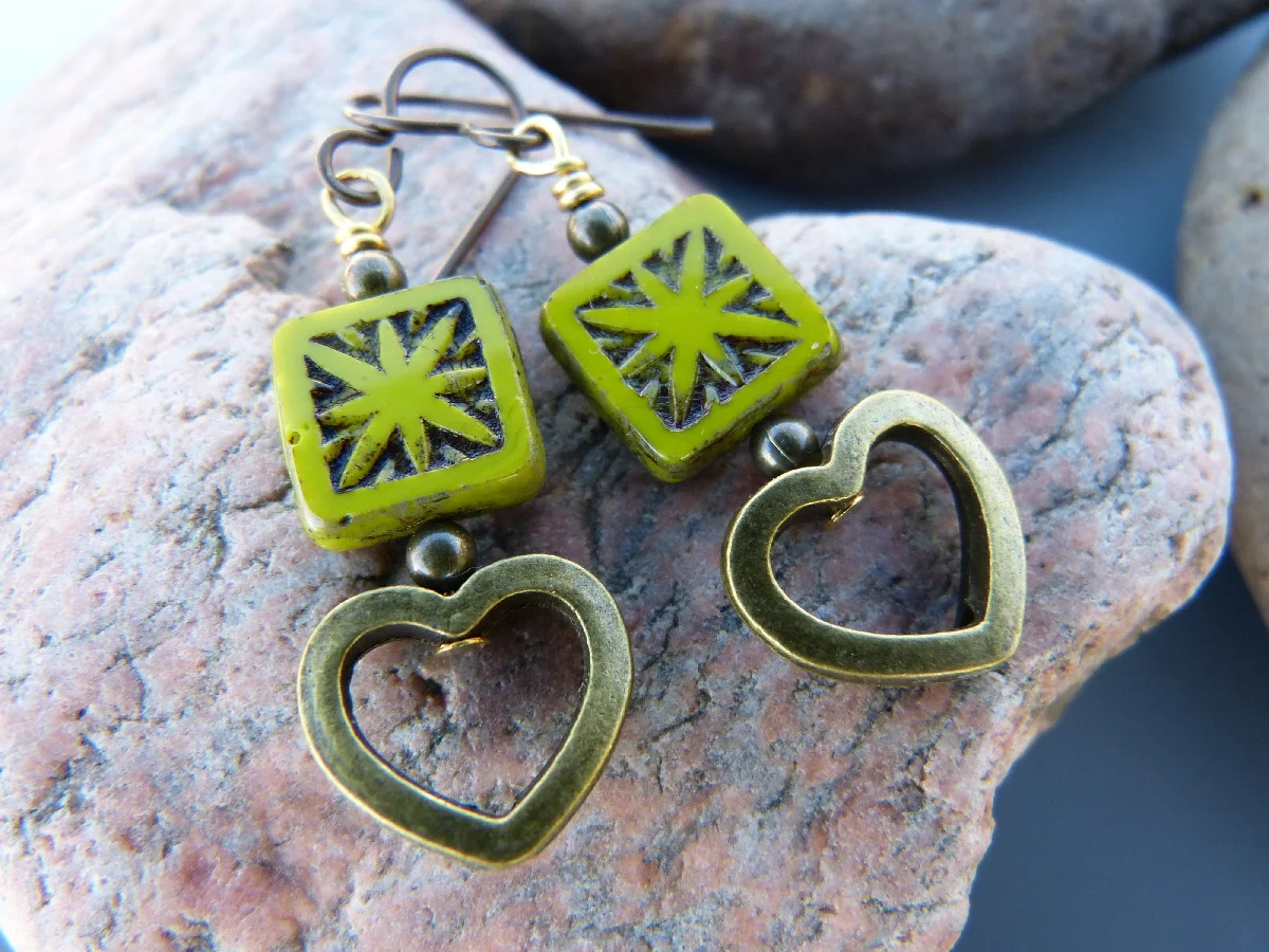 Czech Glass and Brass Heart Earrings, $12/pair