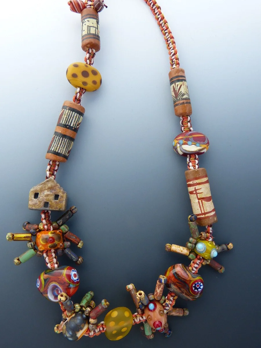 Micro-Macrame Necklace with Vintage Peruvian Beads, Ceramic House and Lampwork Beads